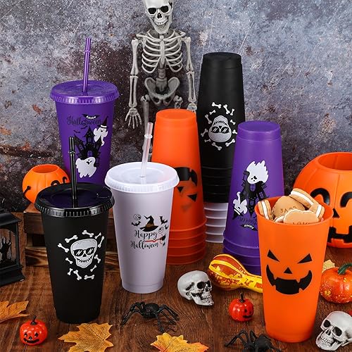 Miniatura 6 de Umigy 24 vasos de plástico de Halloween con tapas y pajitas, 4 estilos de calabaza, fantasma, cráneo, murciélago, vasos reutilizables para fiestas