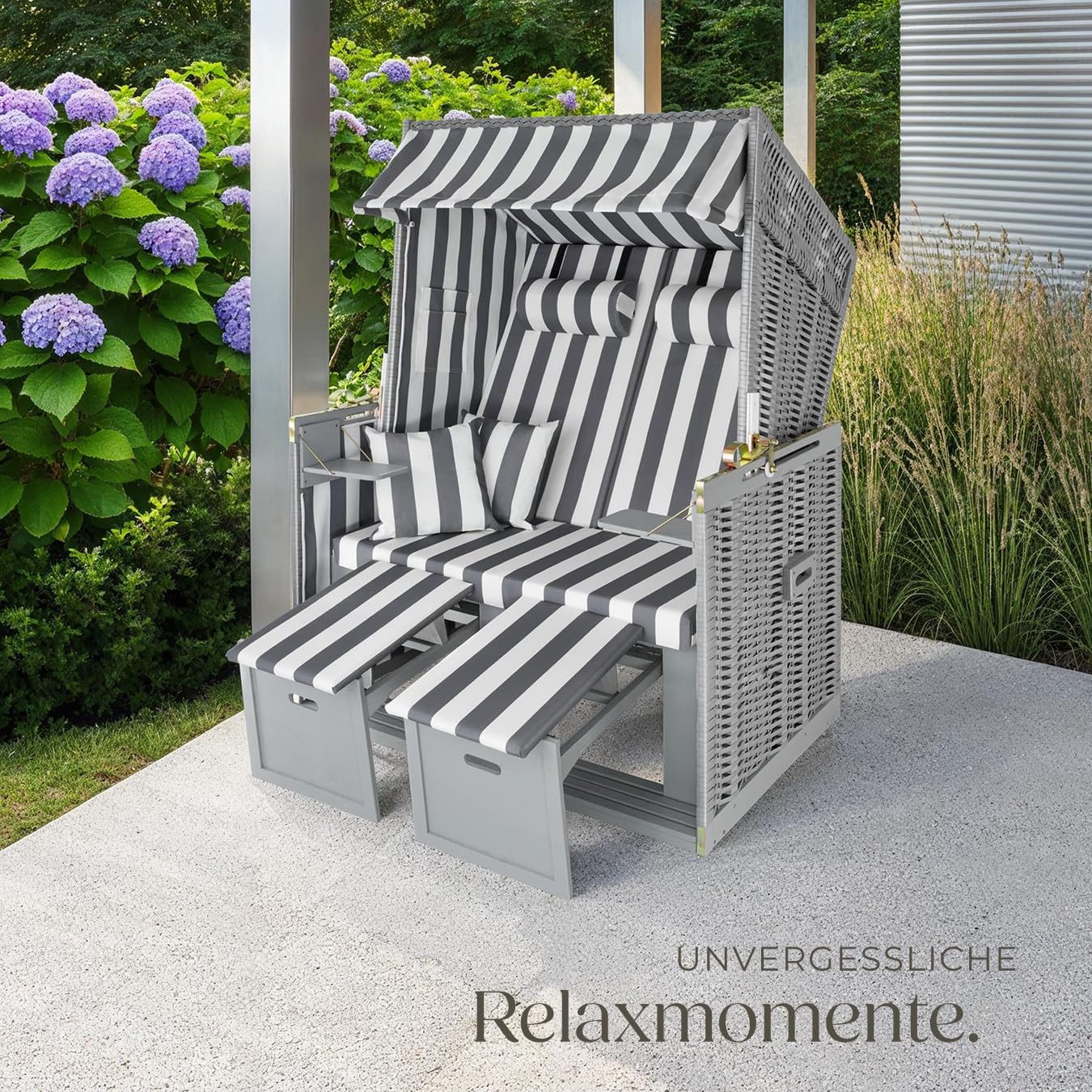 tectake® Strandkorb, Strandkorb Ostsee 2-Sitzer, verstellbare Rückenlehne, Volllieger mit Fußbänkchen und Seitentische, inkl. Schutzhülle & Kissen, Ideal für Balkon, Garten und Terrasse - grau/weiß