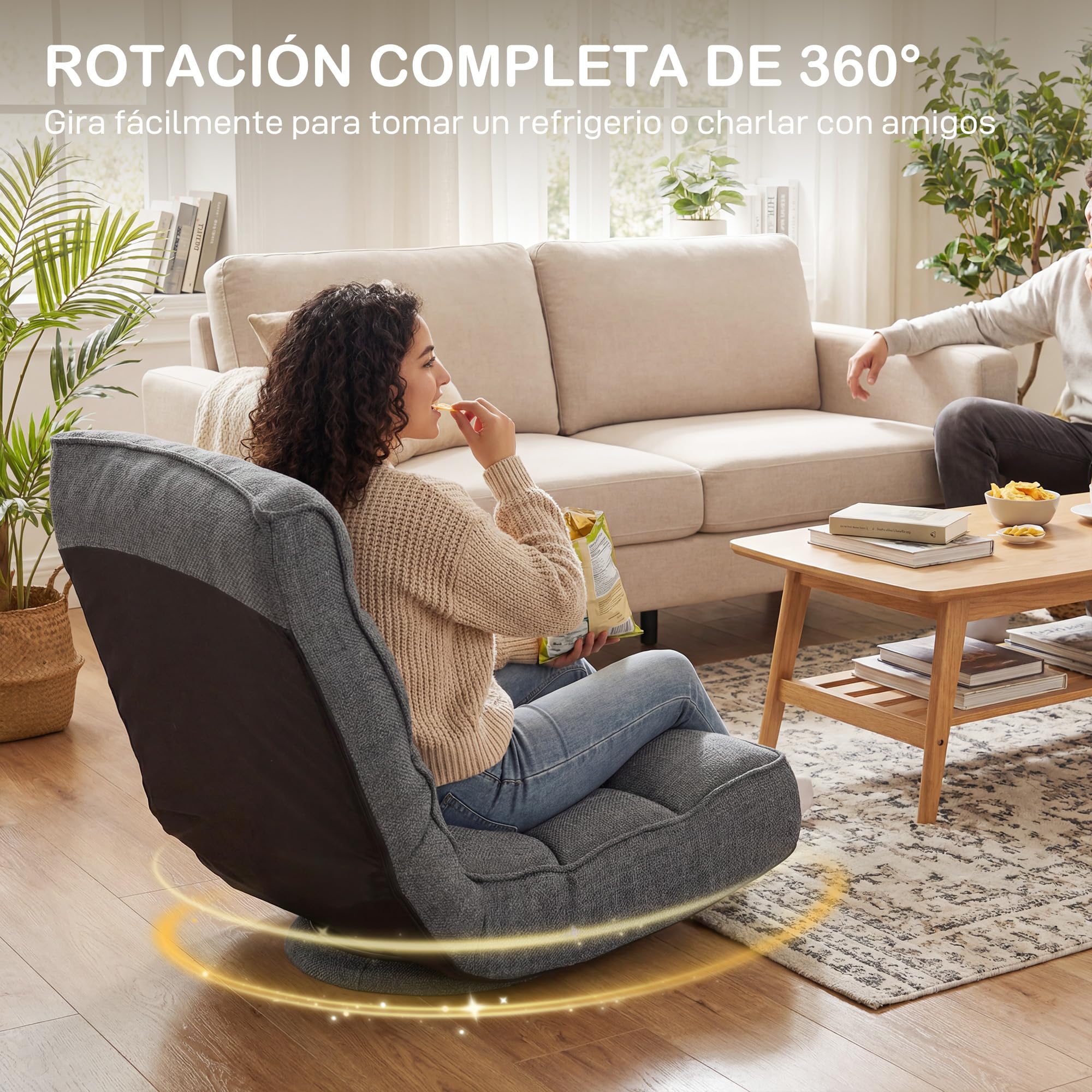 HOMCOM Silla de Suelo Plegable, Silla de Lectura Giratoria 360° con Respaldo Ajustable en 5 Posiciones, Sofá de Suelo de Lino y Acolchado, para Meditación y Gaming, 58x107x79 cm, Gris
