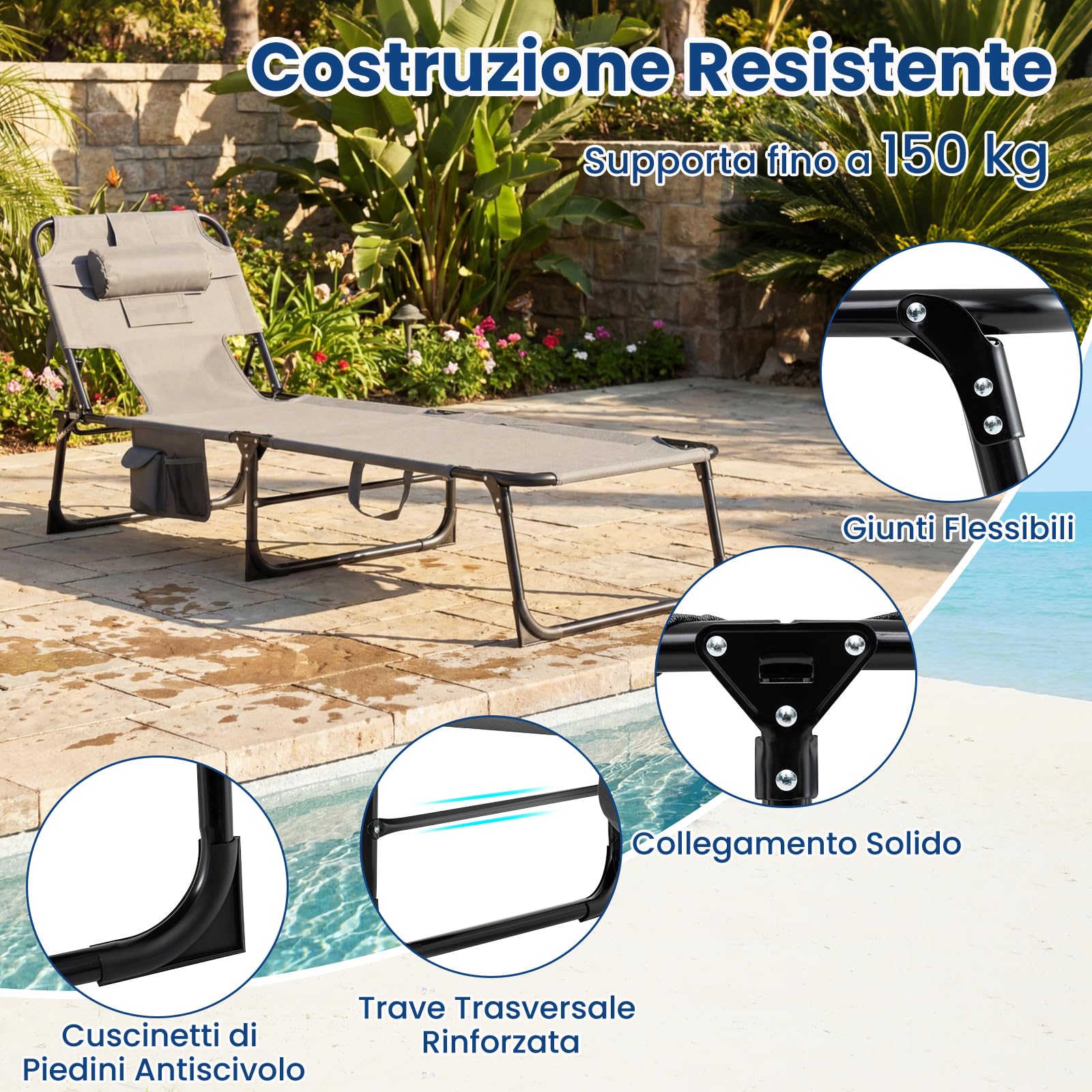 COSTWAY Lettino Prendisole da Spiaggia, Sdraio Mare Pieghevole Portatile con Foro per Viso e Braccia, Cuscino e Tasche Laterali, Schienale Regolabile 4 Posizioni, Portata 150 kg (Grigio)