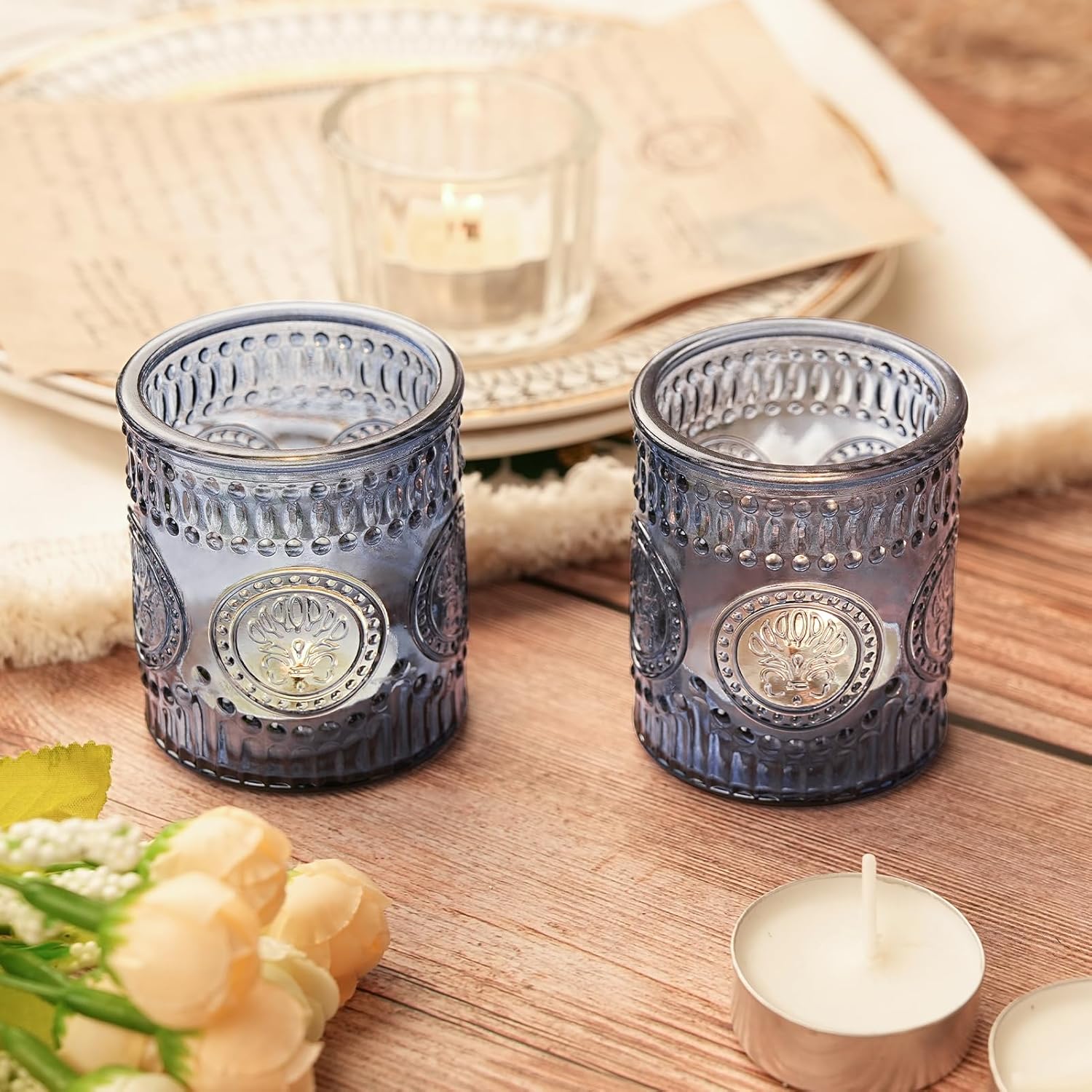 30pcs Blue Votive Candle Holders, 2x2.5inch Glass Tea Light Candle Holder Butterfly Pattern Votives for Wedding, Baby Shower, Party Decor
