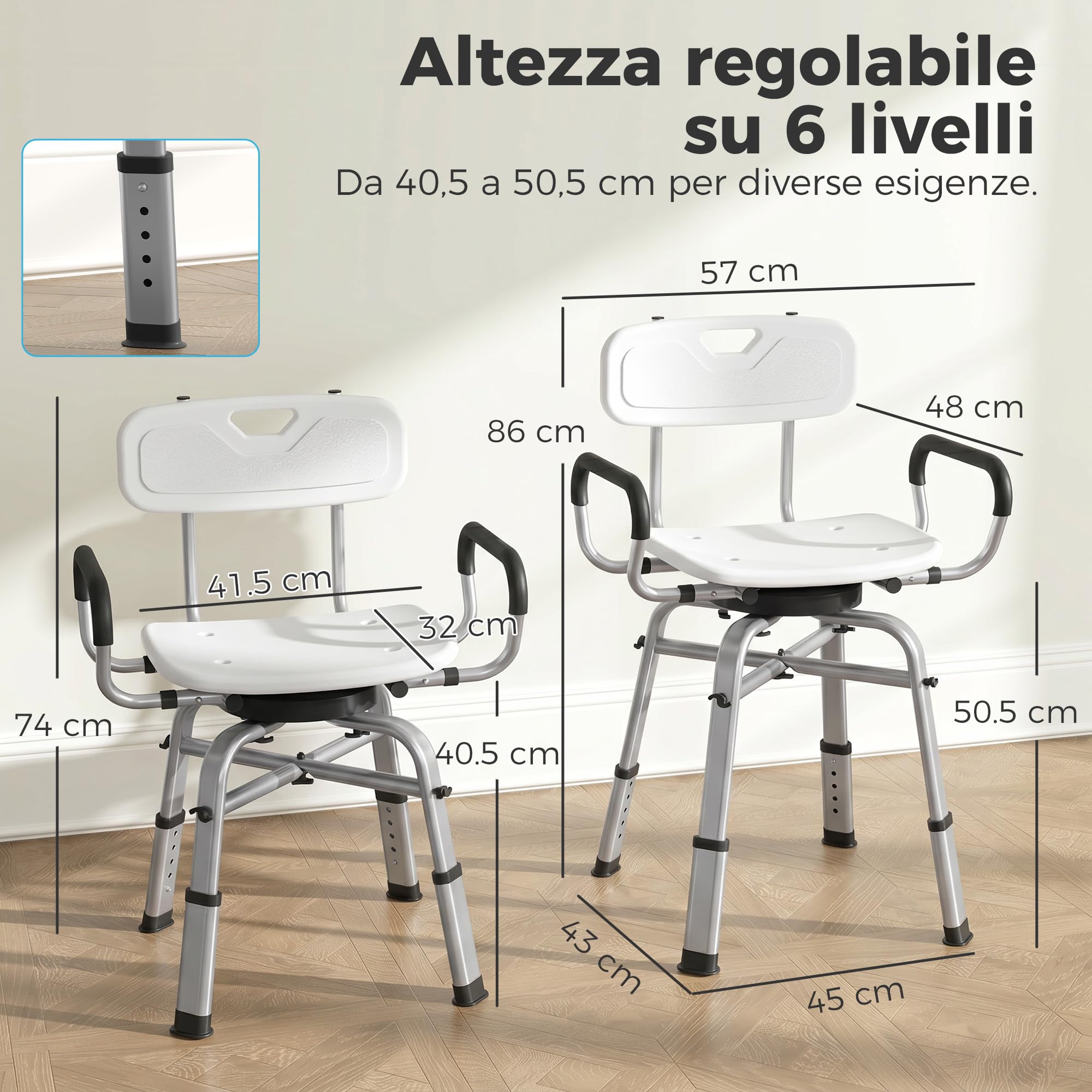 HOMCOM Sedia da Doccia Girevole 360° con Braccioli Estraibili e Schienale, Sgabello Doccia 6 Altezza Regolabile, Antiscivolo, in Lega di Alluminio, Portata 150kg, per Anziani e Disabili, Bianco