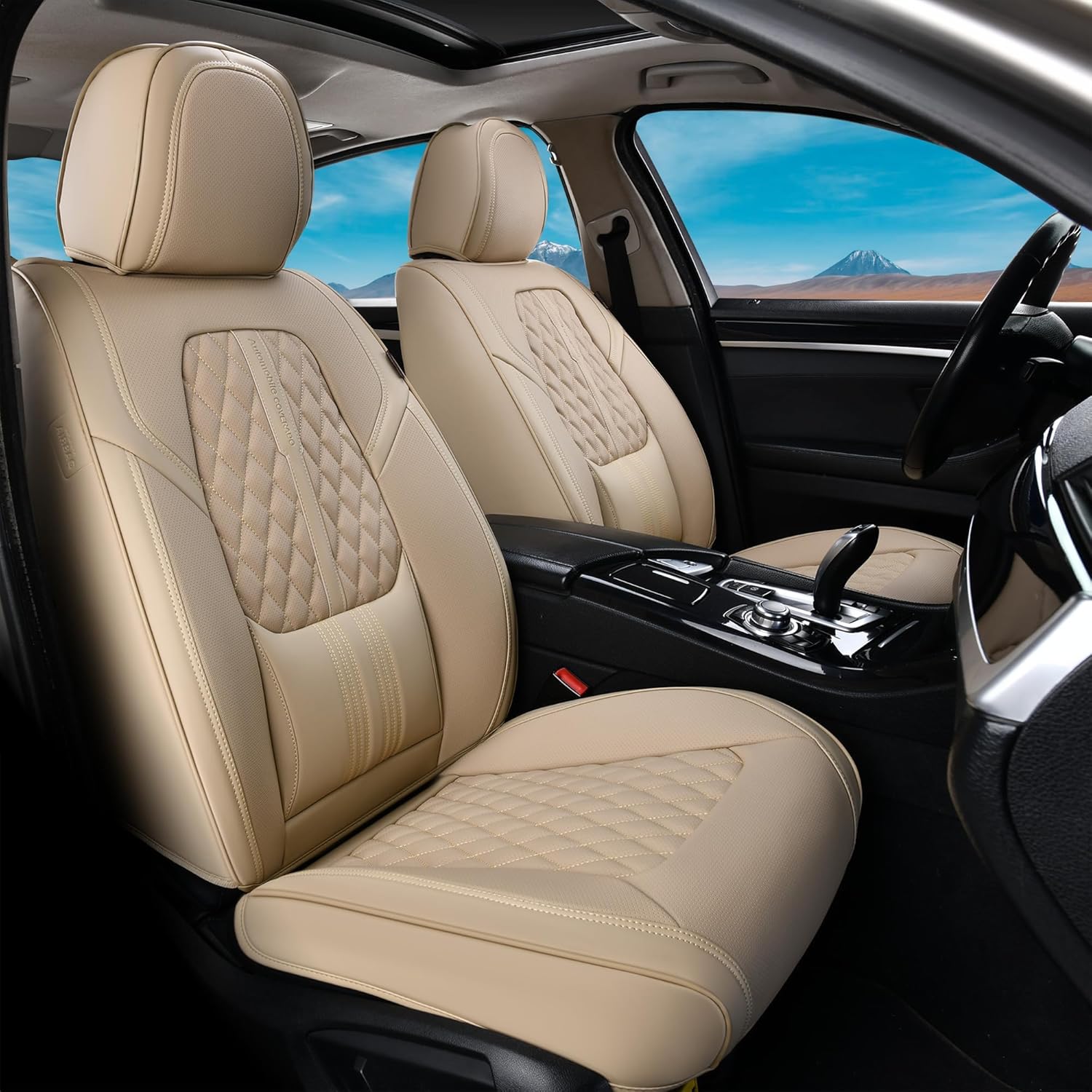 Coverado Car Seat Covers Full Set, Automotive Front and Rear Seat Covers with Backrest, Nappa Leather Car Seat Protectors Waterproof, Universal for Most Vehicles,Beige