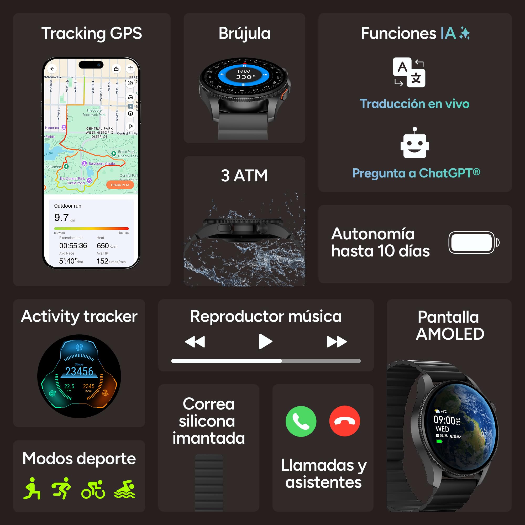 KSIX Horizon Smartwatch Traductor, IA ChatGPT®, GPS, Pantalla AMOLED 1.43", Autonomía 10 días, Brújula Digital, 3 ATM, Modo Deporte y Salud, Negro
