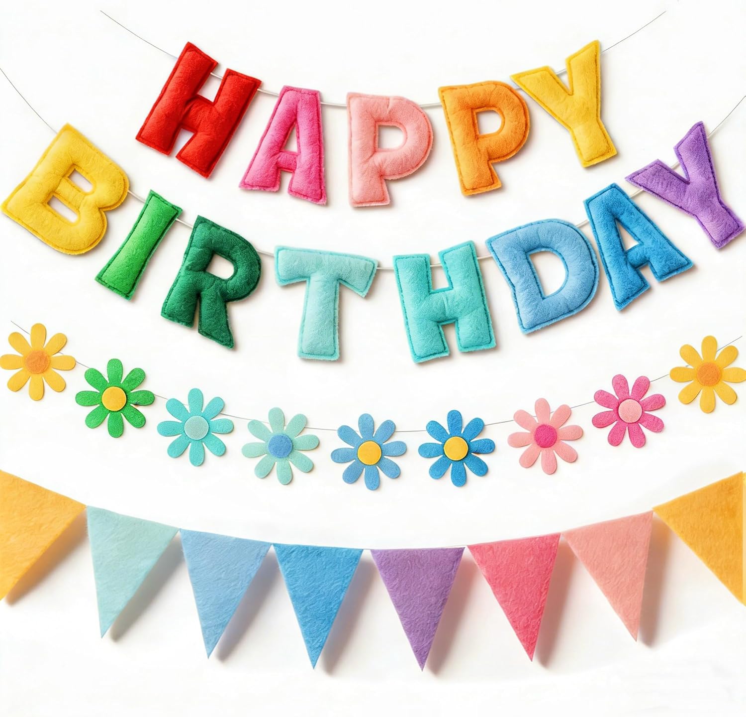 YEOCU Felt Birthday Decorations, NO DIY, Pre-Strung 3D Felt Happy Birthday Banner with Fabric Flower Garland, Colorful Triangle Flags, Birthday Party Decorations for Women Men Boys Girls (Rainbow)