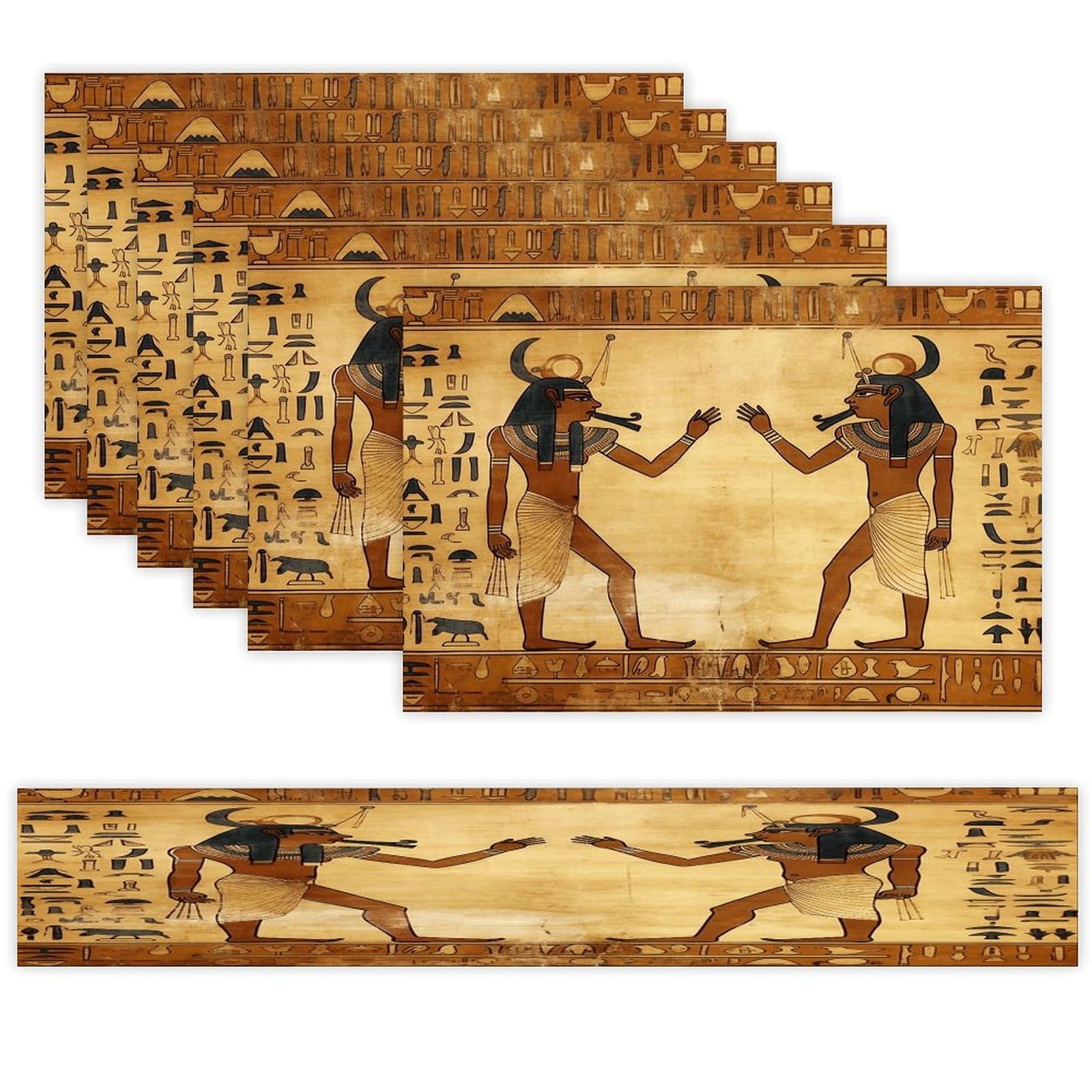 Ancient Egyptian Table Runner and Placemats Set of 6 Wipe Clean Heat Resistant Table Mat with Table Runner Decorations Flax Linen Place Mat Set for Home Kitchen Party Supplies