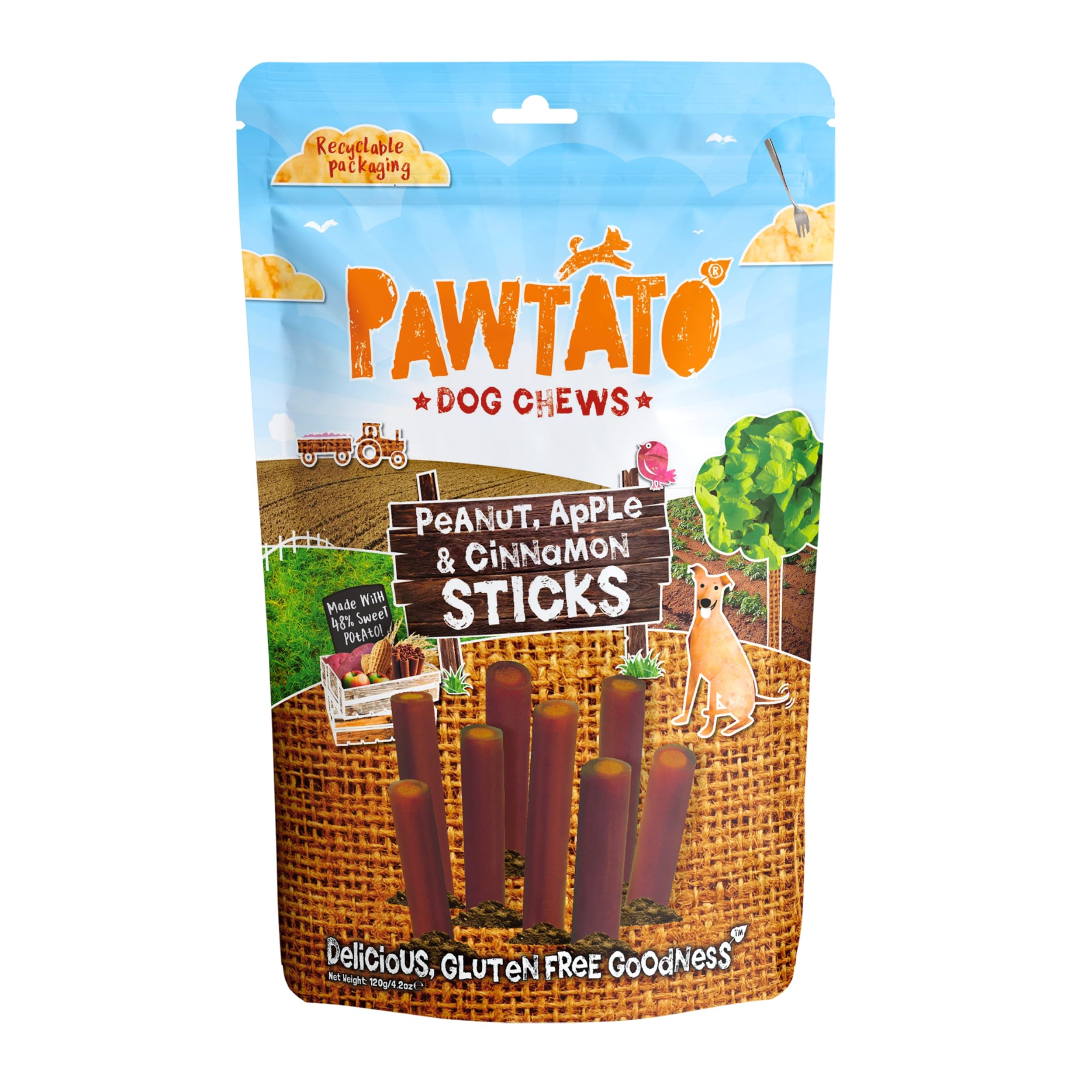 Pawtato Vegan Dog Sticks - Peanut, Apple & Cinnamon (1 x 120g) – Hypoallergenic Low Fat, Plant-Based Chews for Training & Reward | Sweet Potato & Rice Rawhide-Free Treats — image 1