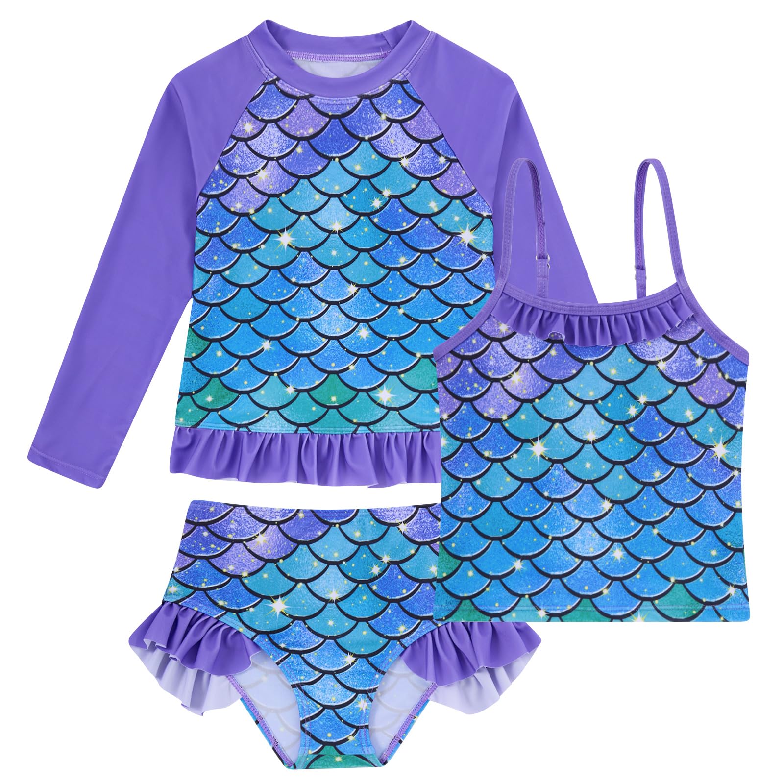 BFUSTYLE Girls Swimsuit 3 Pieces Rash Guard Kids Bathing Suit 3-8 Years | Funny Sun Protection Quick Dry Summer Beach Long Sleeves Swimwear Tankini Set