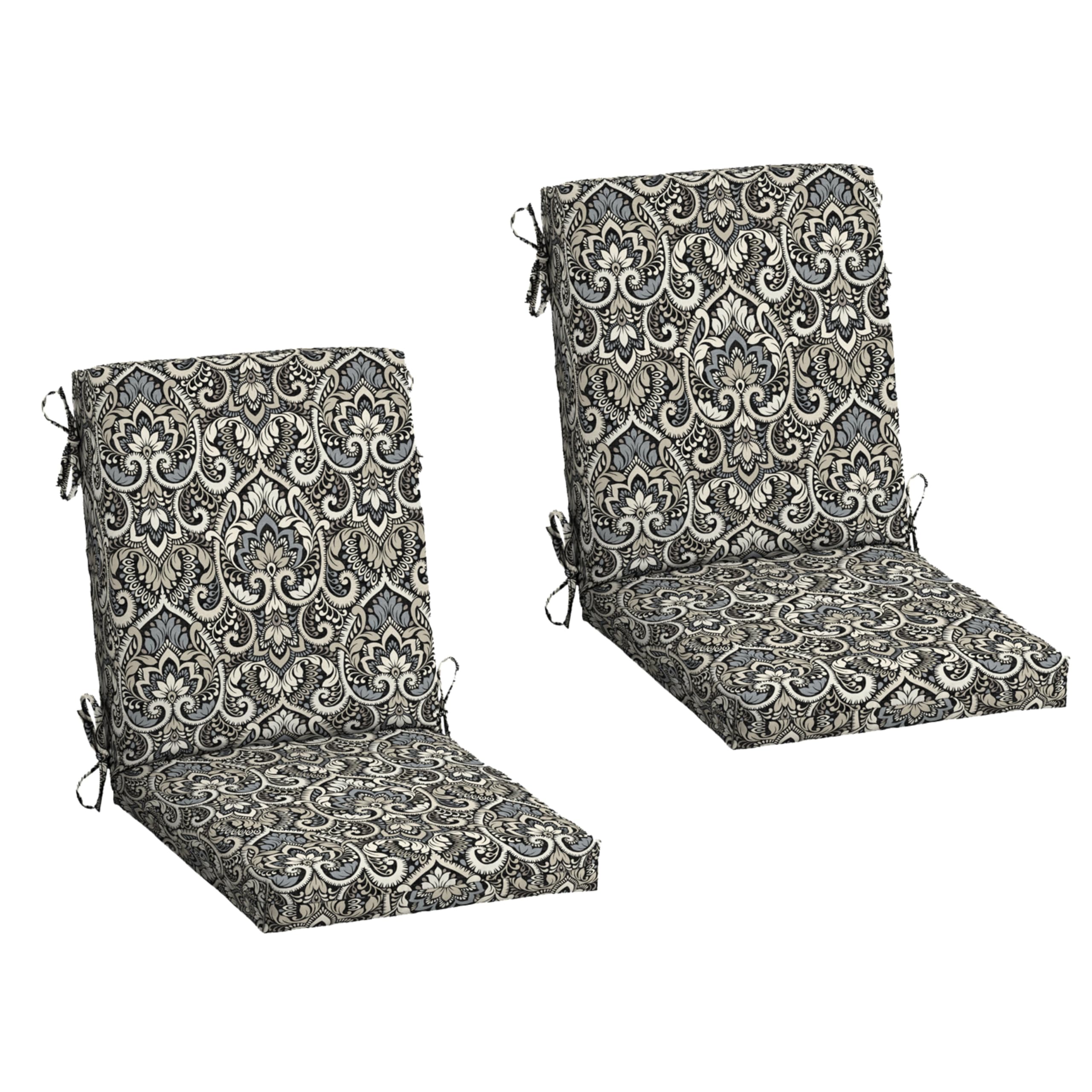 arden 2-pack patio dining outdoor chair cushions, 20x44, rain-proof seat pad, fade-resistant outdoor cushion black aurora damask