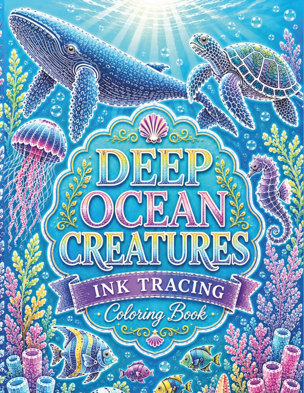 Deep Ocean Creatures Ink Tracing Coloring Book: A Relaxing and Mindful Journey Through Majestic Marine Life for Teens and Adults