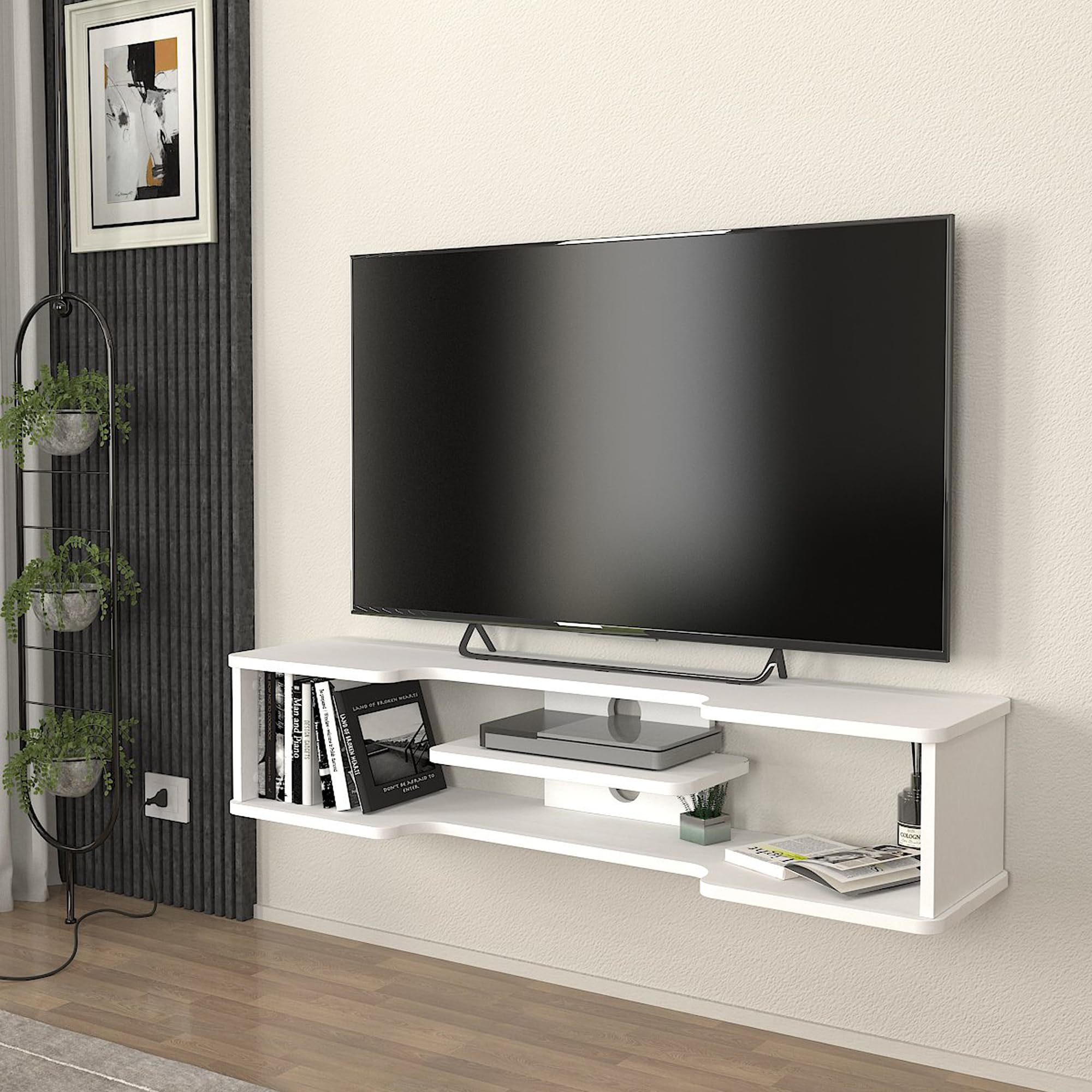 [en.casa] Yrela szafka pod telewizor wisząca, 120 x 30 x 26 cm, regał wiszący do telewizora, salonu, sypialni, biała