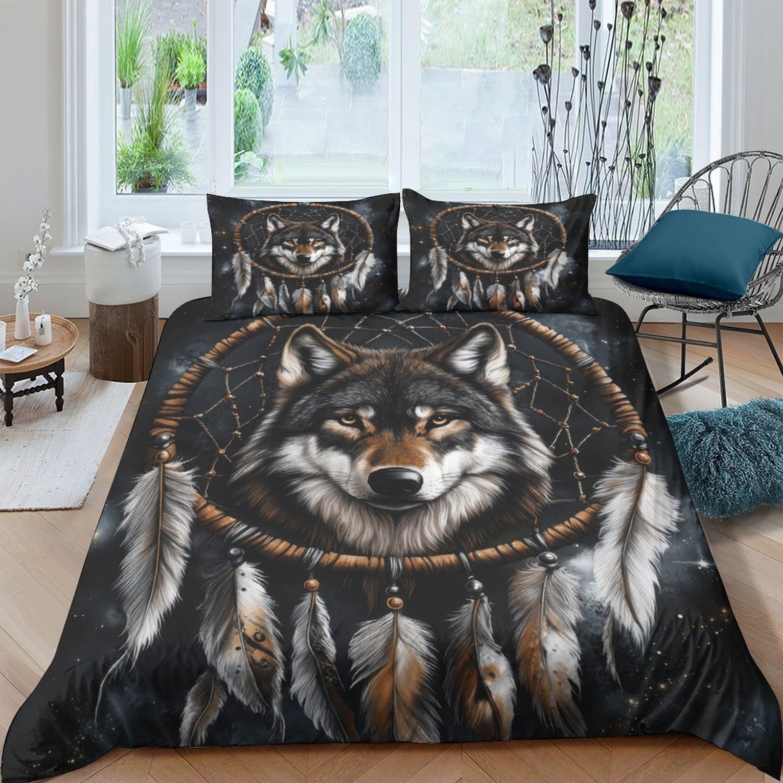 GPLZQXKJNH 3D Printed Wolf Dreamcatcher Duvet Cover Set Microfiber Breathable Black Grey Bedding Set with 2 Pillowcases for Bedroom Decor Single（135x200cm）