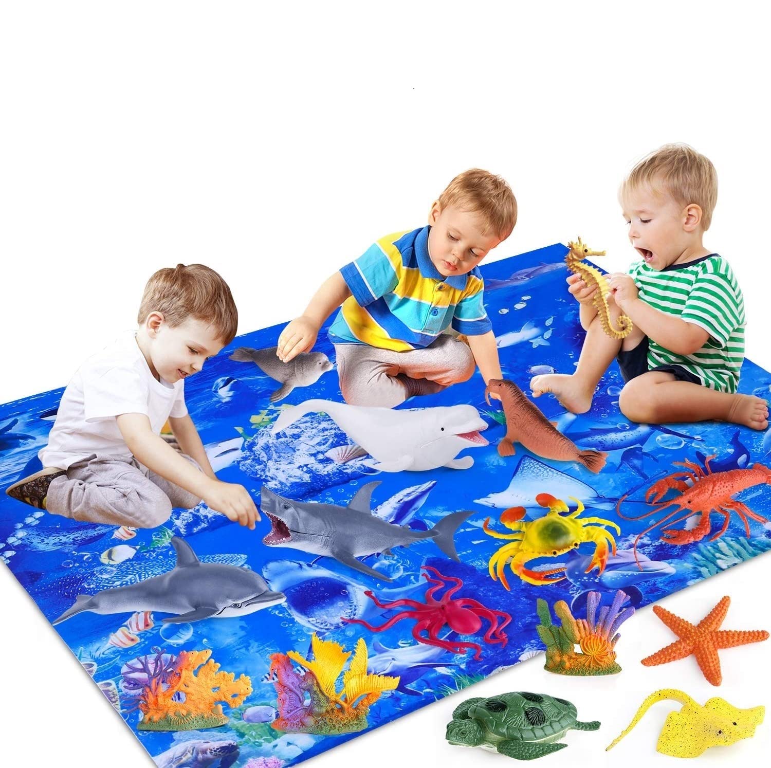 Kids Ocean Animals Toys with Large Play Mat, 18 Pack Assorted Realistic Sea Animal Toys with Carrier Bag Including Shark, Whale, Dolphin etc, for Toddler, Boys & Girls Ages 3-8