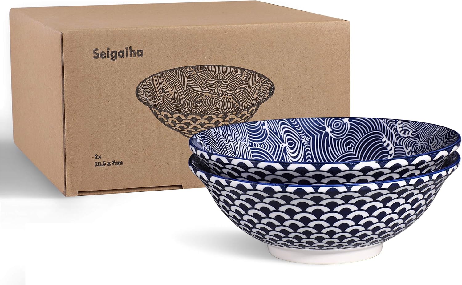 2 x Tazón de ramen de porcelana de 20 cm con patrón Seigaiha japonés azul / blanco