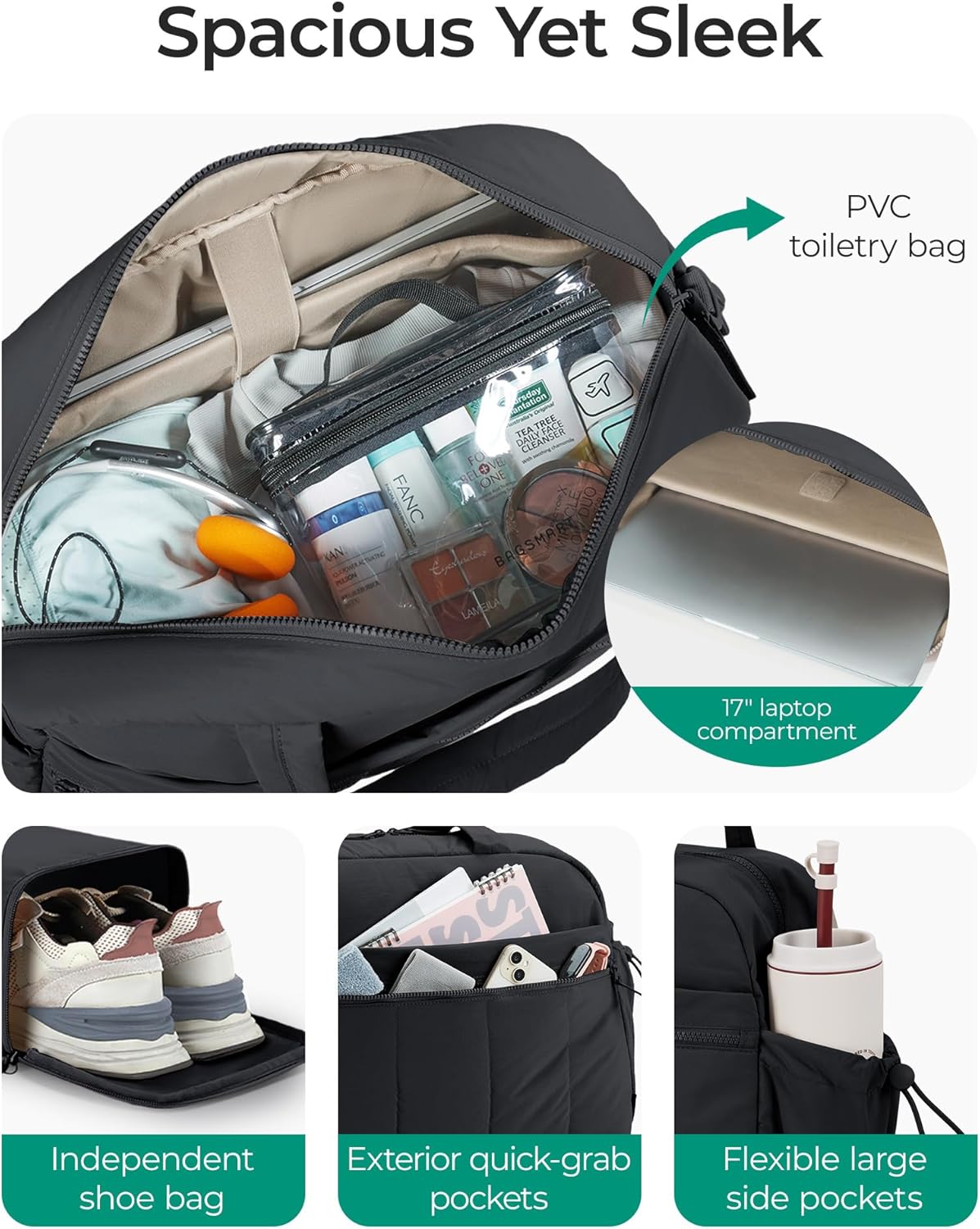 BAGSMART Gym Bag for Women, Duffle Bag for Travel with Wet Pocket, Lightweight Carry on Weekender Duffel, Water Resistant - Image 3