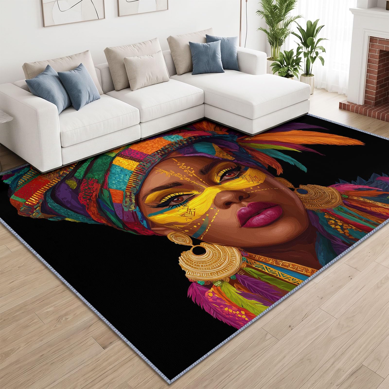Générique Tapis Style Tribal, 160 x 230 cm, Tapis Antidérapant Portrait Femme Africaine, Doux et Facile d'entretien adaptés au Salon, à la Chambre, à la Cuisine et au Bureau