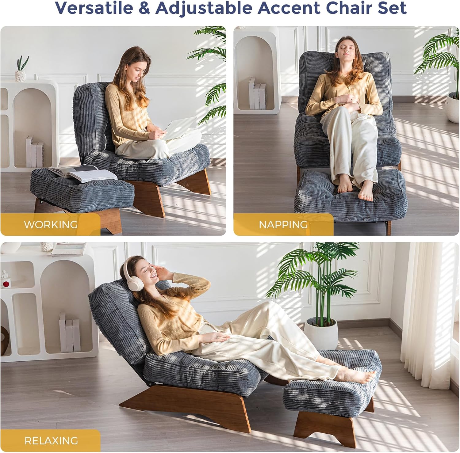Three panels showing a person using the accent chair for working, napping, and relaxing with the ottoman