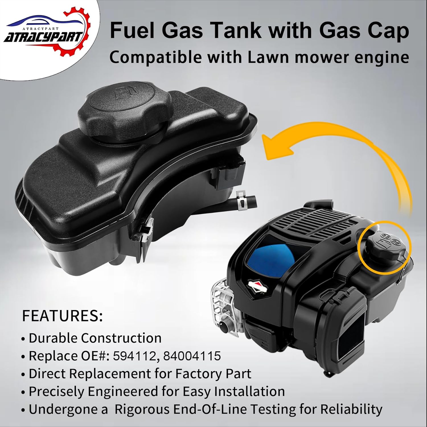 84004115 Fuel Gas Tank with Lawnmower Gas Cap Engine Fuel Tank Replacement Part Compatible with Lawn mower Engine 093J02-0093-F1 103M05-0026-F1 103M0B-0040-F1 & More, Replace#: 594112