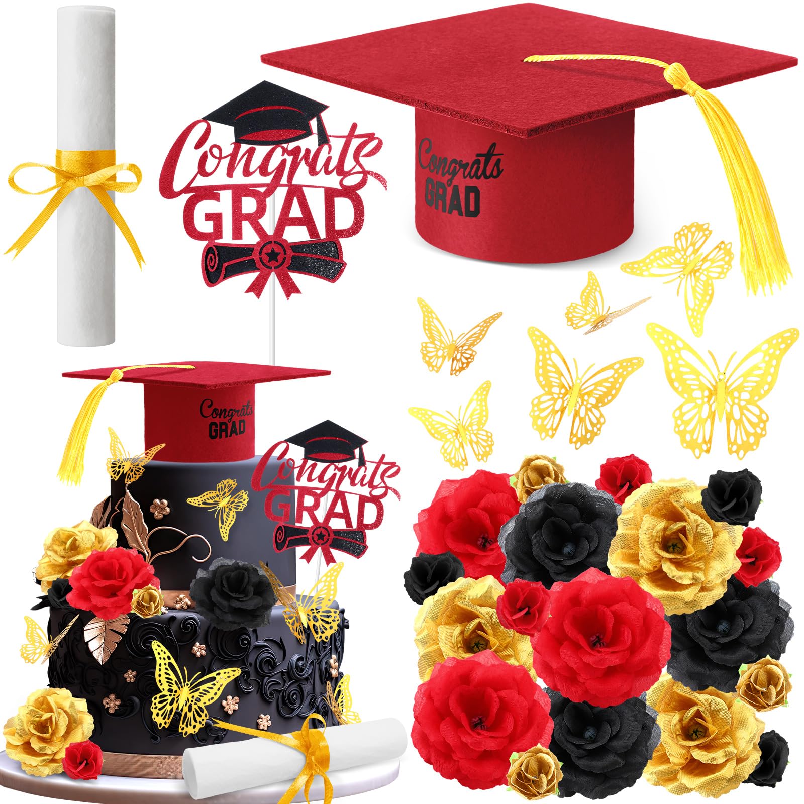 Photo 1 of SiliFine 33 Pcs Graduation Cake Kit Includes Glitter Cake Toppers Felt Graduation Cap with Tassel Diploma Flowers 3D Butterfly Decor for 2025 Graduate Party Supplies(Red)