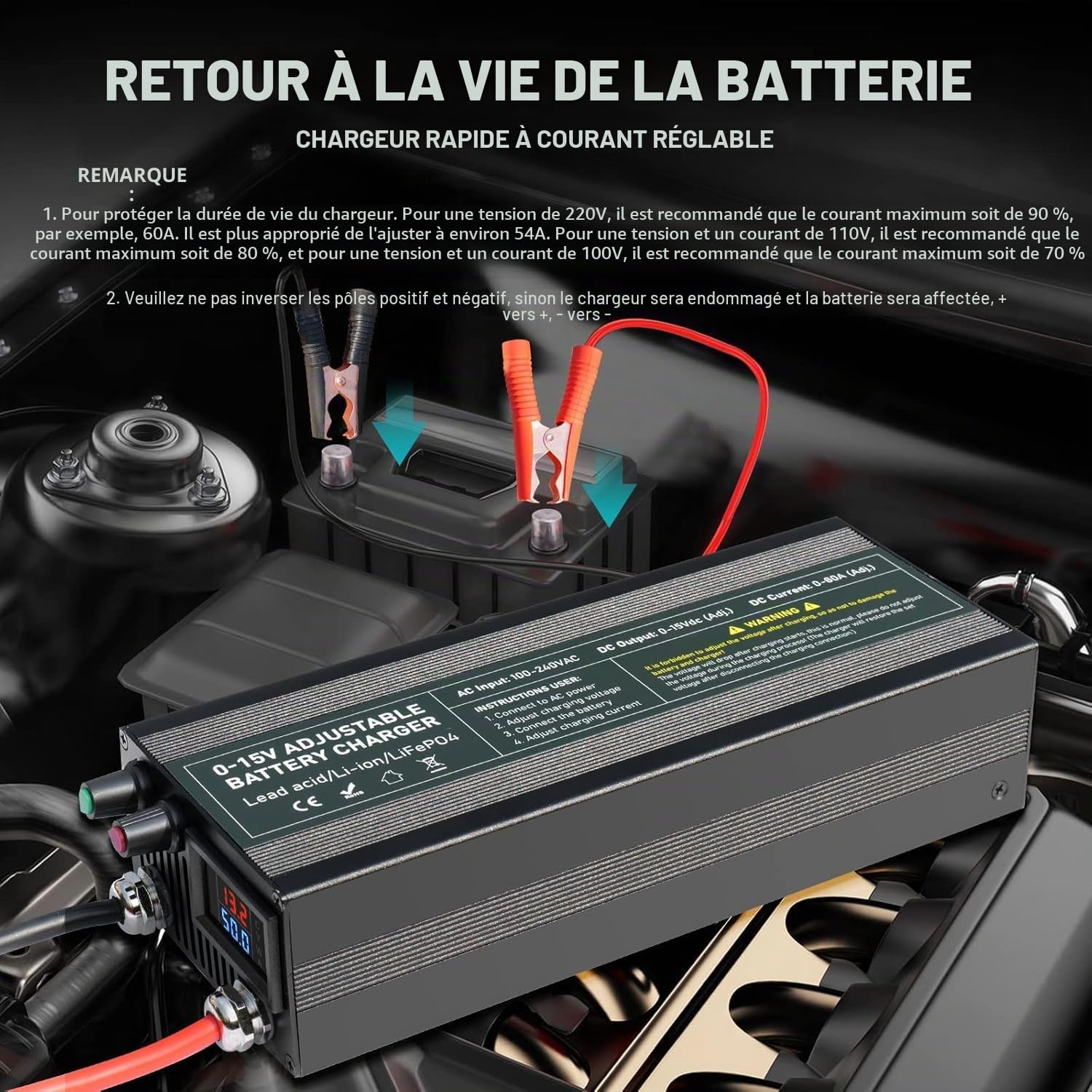Chargeur Intelligent LiFePO4 14,6V 60A, Chargeur de Batterie Réglable 0-15V/0-60A, Charge Rapide pour Batterie 12V avec Fonction de Charge d'entretien pour Voiture, Moto, Bateau