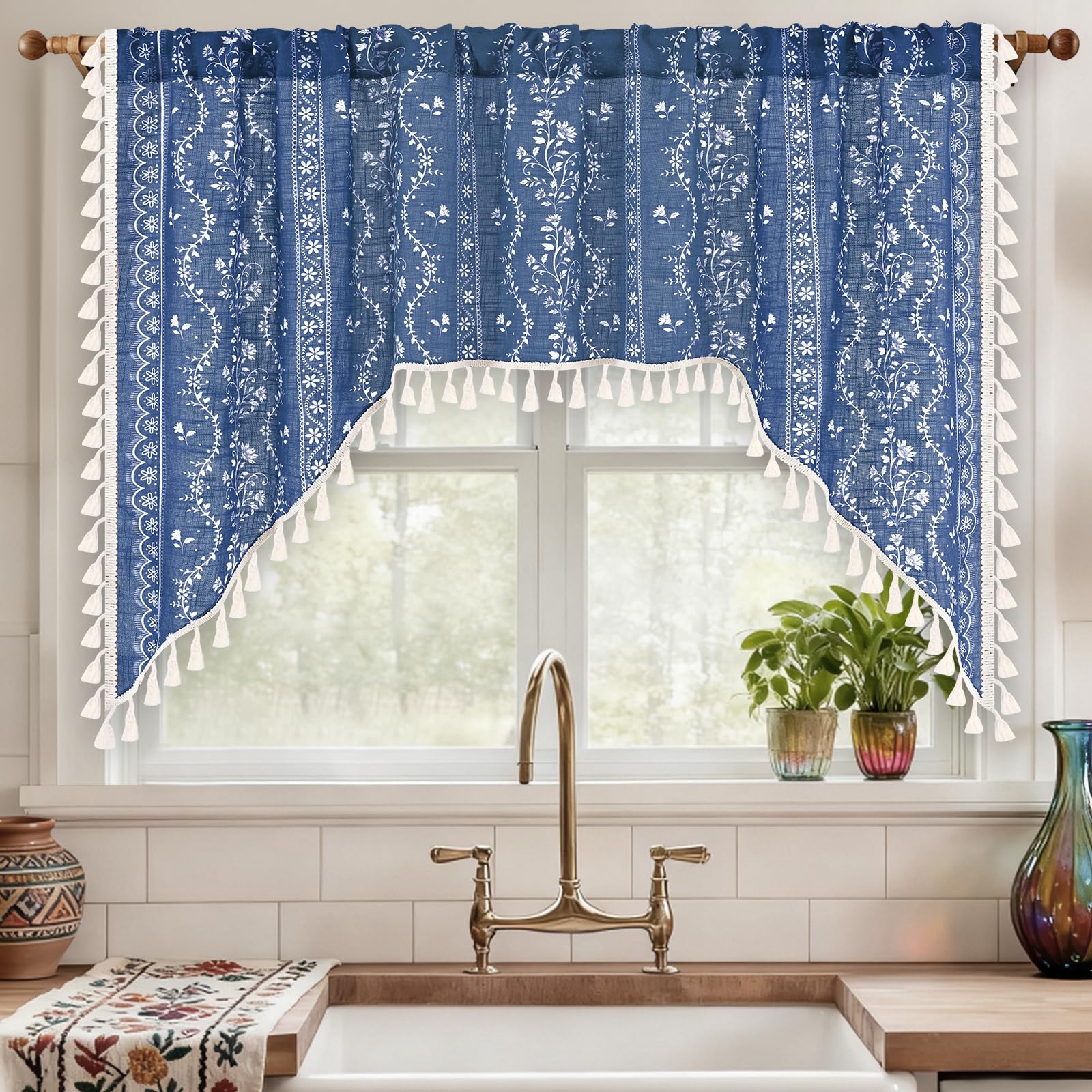 Yinhua Boho Swag Valance Curtains Vintage Linen Valances for Windows Light Filtering Floral Kitchen Valance Rod Pocket Farmhouse Rustic Tassel Window Valances for Bathroom Cafe, 60" W x 36" L, Blue