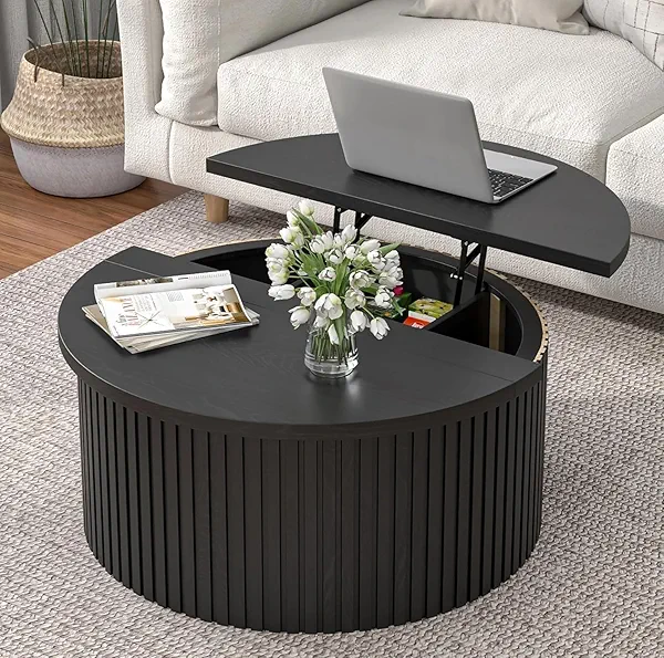 Fsbecl Round Lift Top Coffee Table with Hidden Storage, 31.6 Inch Modern Coffee Tables for Living Room, Circle Wood Fluted Center Tables Dining Table for Home, Office (Black)