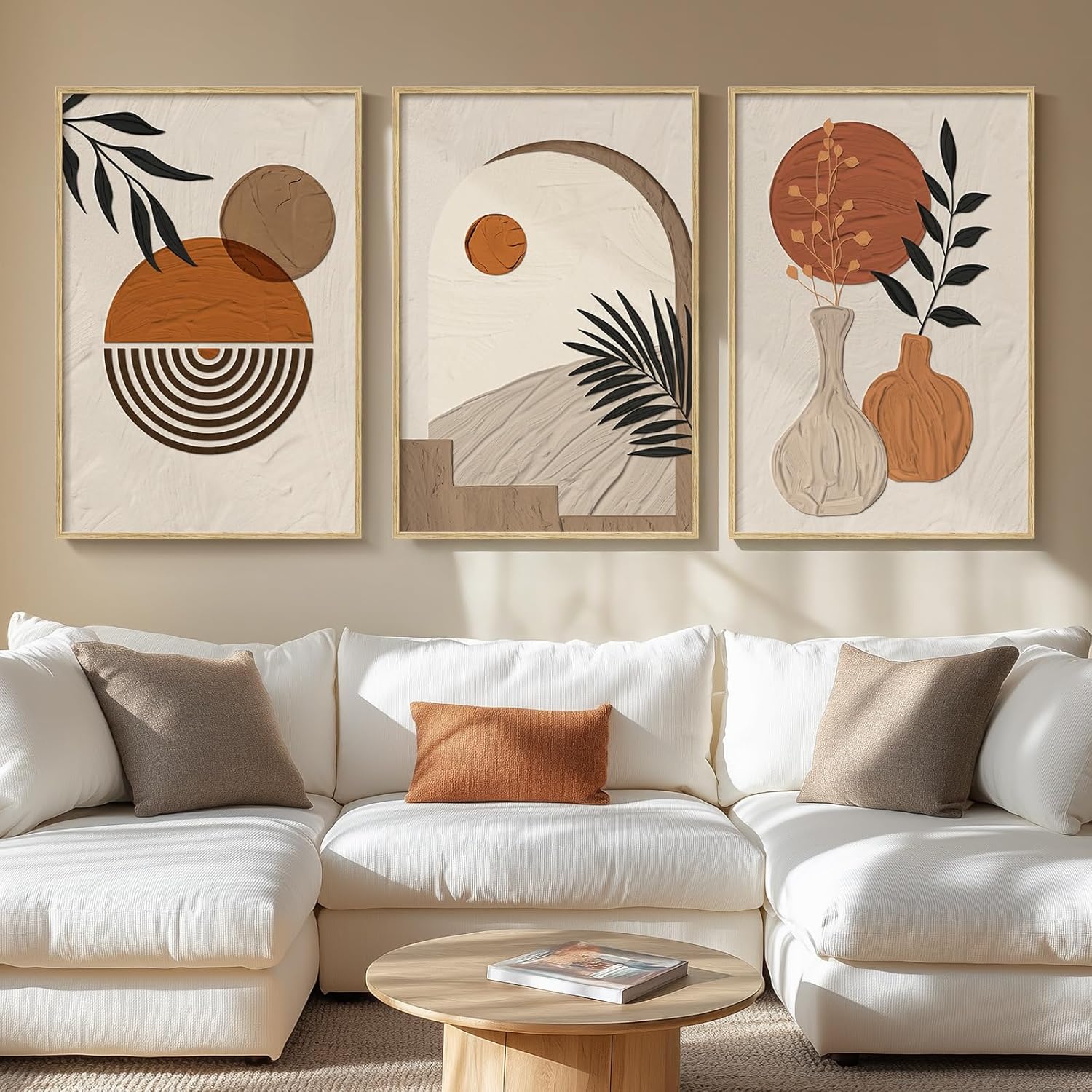 Large Boho Framed Wall Art for Living Room, Set of 3 Piece Neutral and Orange Canvas Paintings Artwork for Walls, Bohemian Wall Hanging Art Prints Picture for Office Wall Decor Big Size Total 30x60 In