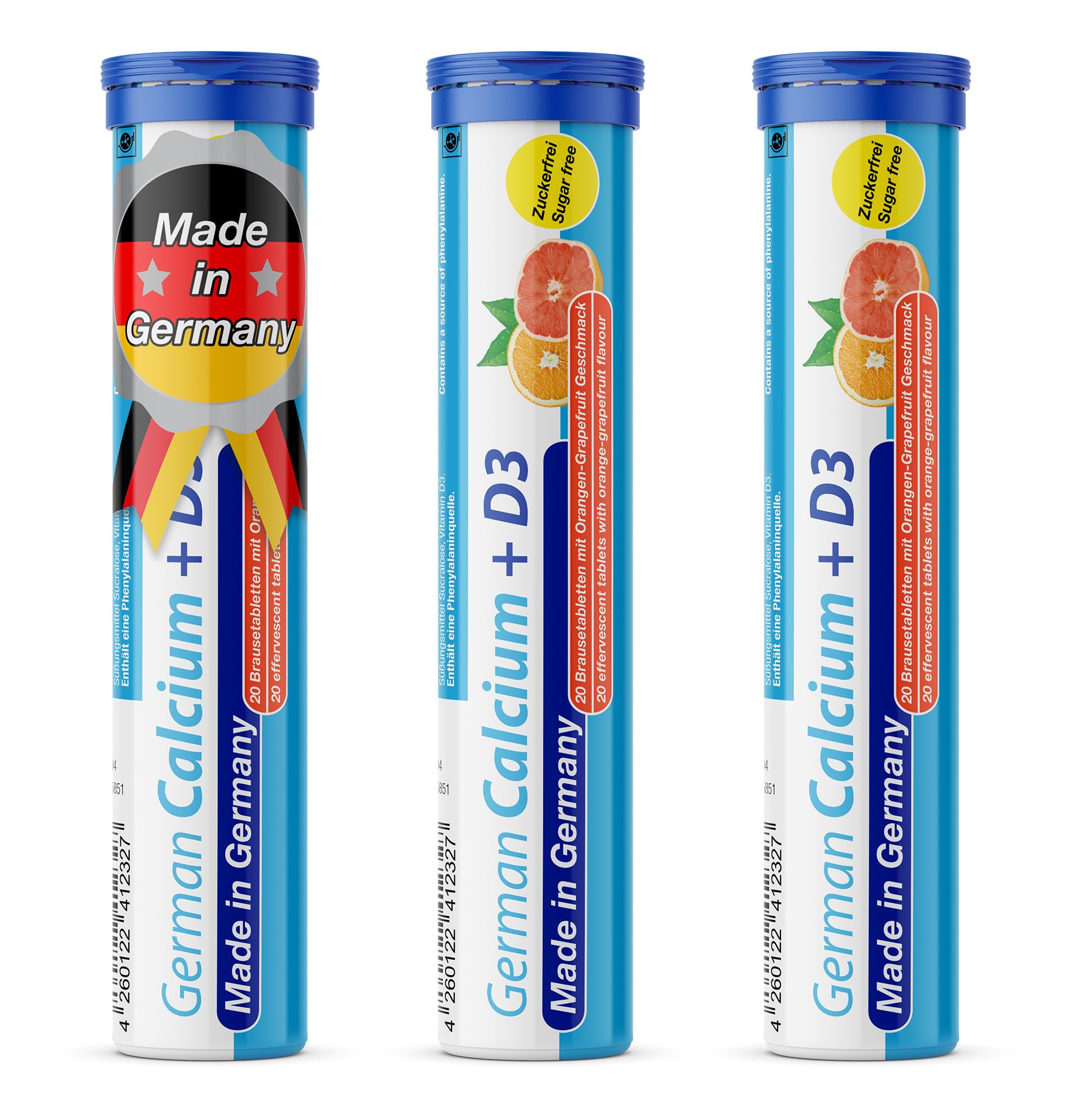 German Calcium + Vitamin D Drink Effervescent Tablets 60 Servings Orange-Grapefruit Flavour - 500 mg Calcium, 2,5 μg Vitamin D3 - T&D Pharma – Made in Germany