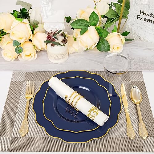Miniatura 5 de NOCCUR 175 platos de plástico azul, platos desechables azules resistentes con borde dorado, incluyen 25 platos llanos, 25 platos de postreensalada,