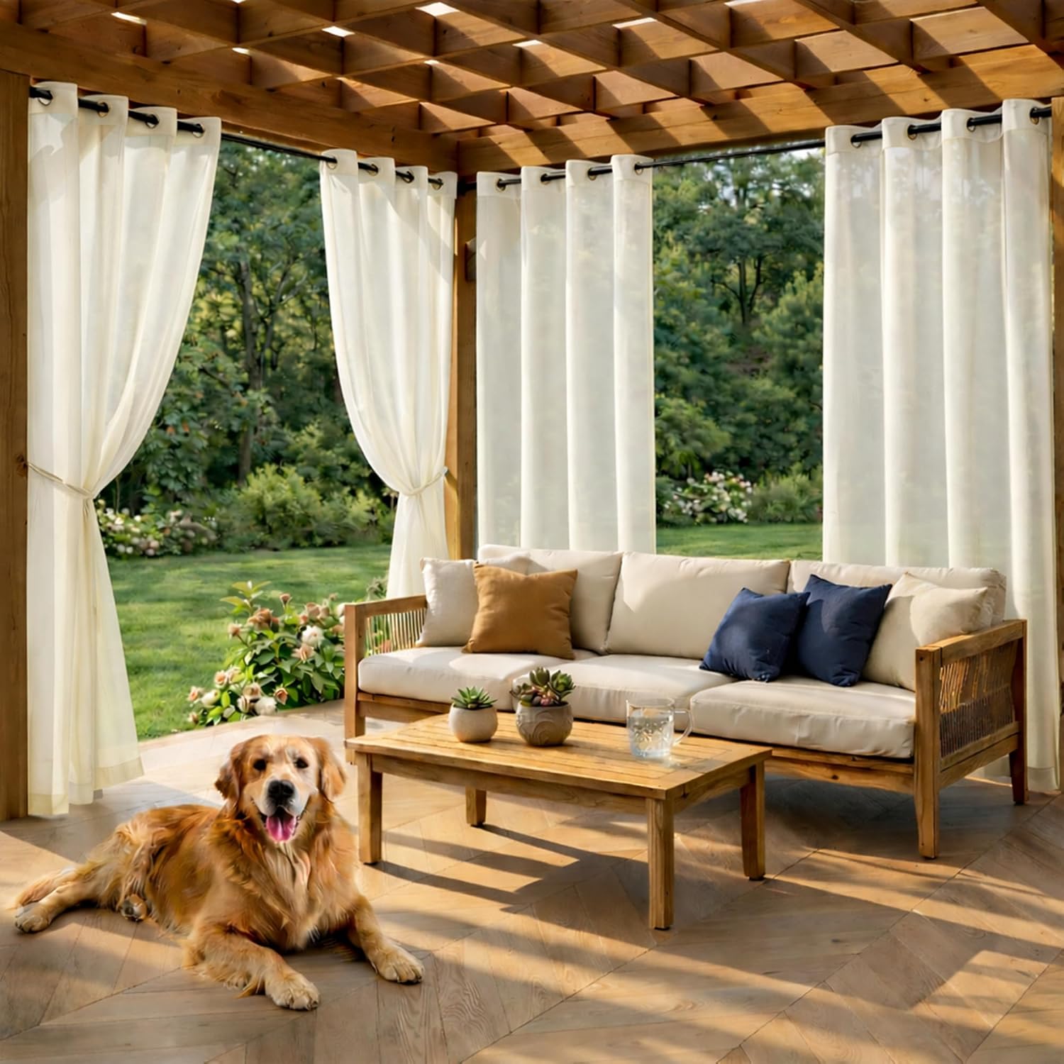 2 Panels Outdoor Sheer Curtains for Patio, Waterproof Light Filtering Outside Curtains with Grommets for Porch, Pergola, Cabana, 2PCS x 37" W x 84" L, BeigeWhite