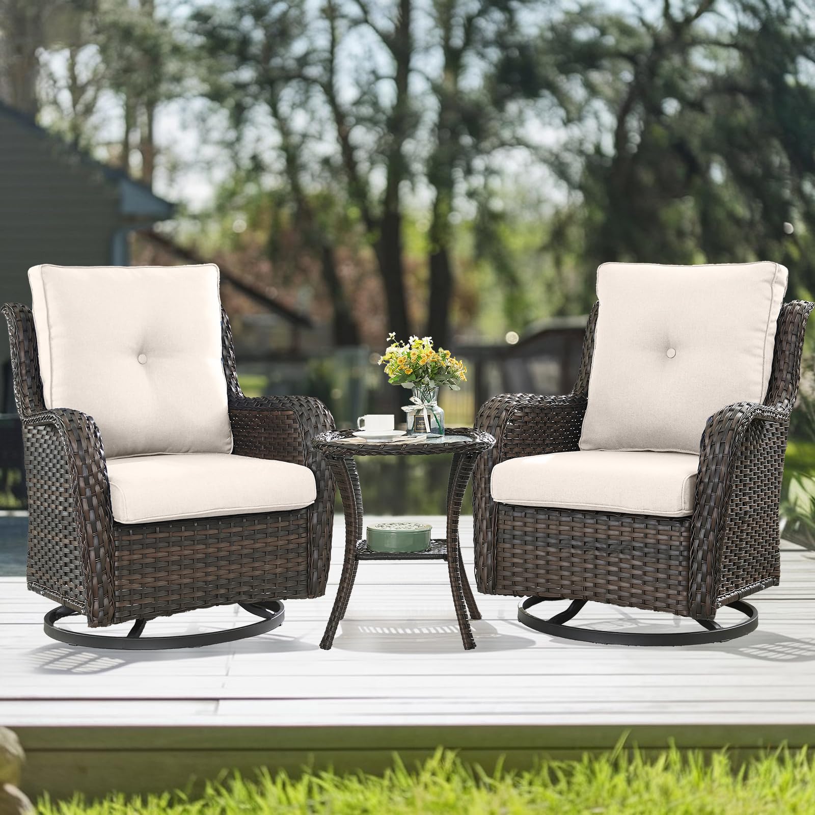 HUMMUH 3-Piece Swivel Rocking Rattan Chair Outdoor, Patio Bistro Furniture Conversation Set, Cushioned Wicker Chair with Glass Coffee Table (Brown,