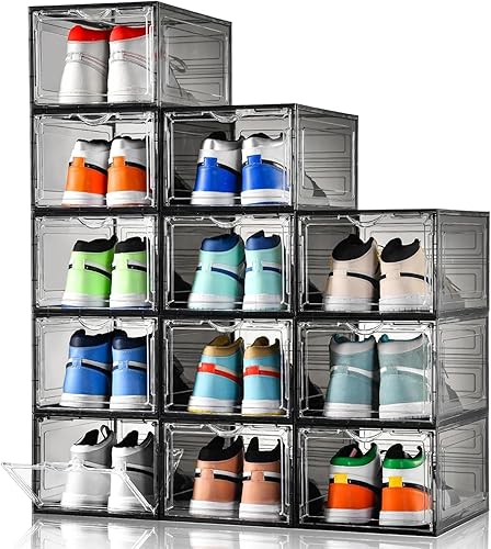 Clemate Caja de Almacenamiento de Zapatos Mejorada Extra Grande, Juego de 12 Piezas, Caja de Zapatos de Plástico Transparente Apilable, Caja de