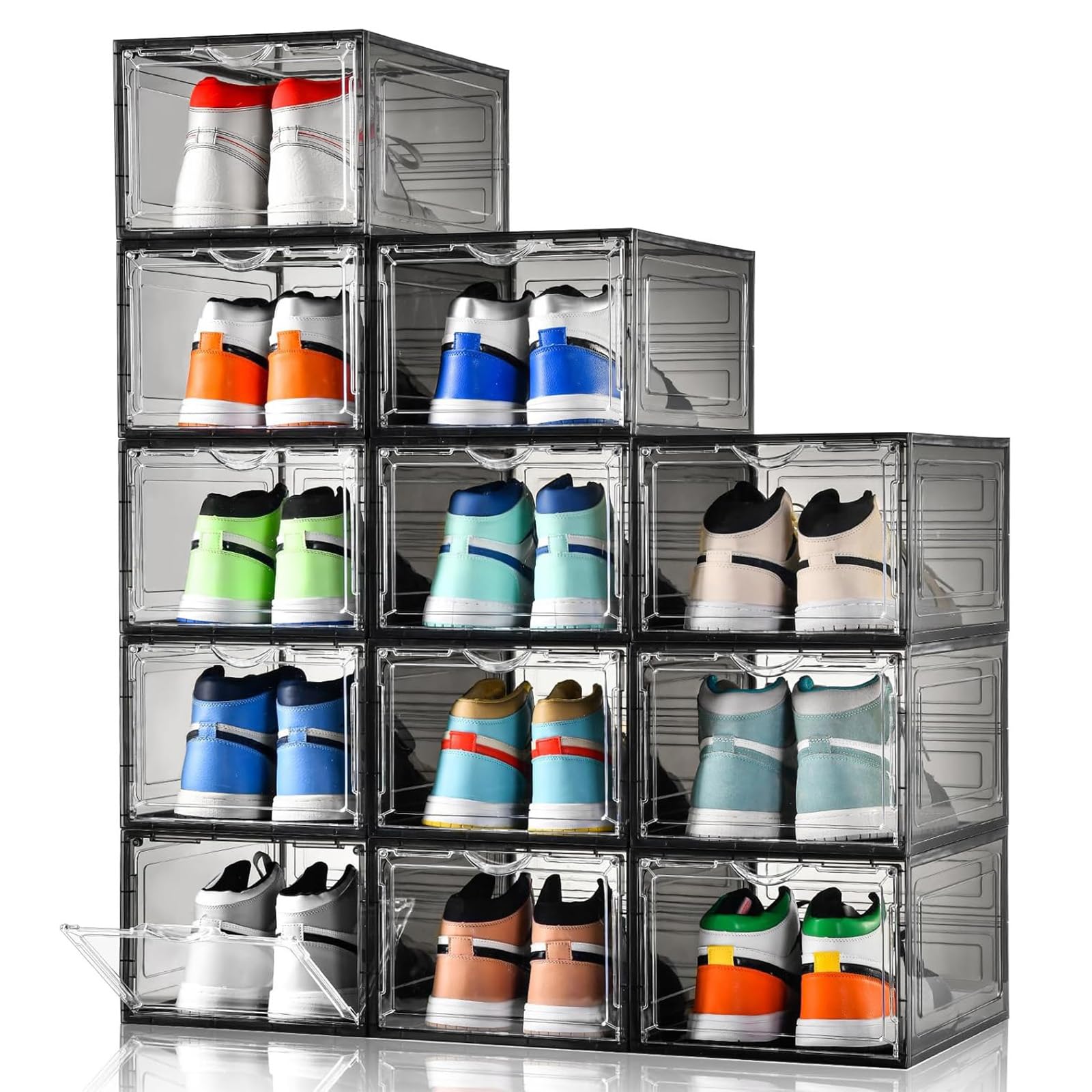 Clemate Upgraded X-Large Shoe Storage Box,12 Pack,Shoe Box Clear Plastic Stackable,Drop Front Shoe Box with Clear Door,Shoe Organizer Containers For Sneaker Display,Fit up to US Size13, Ashy