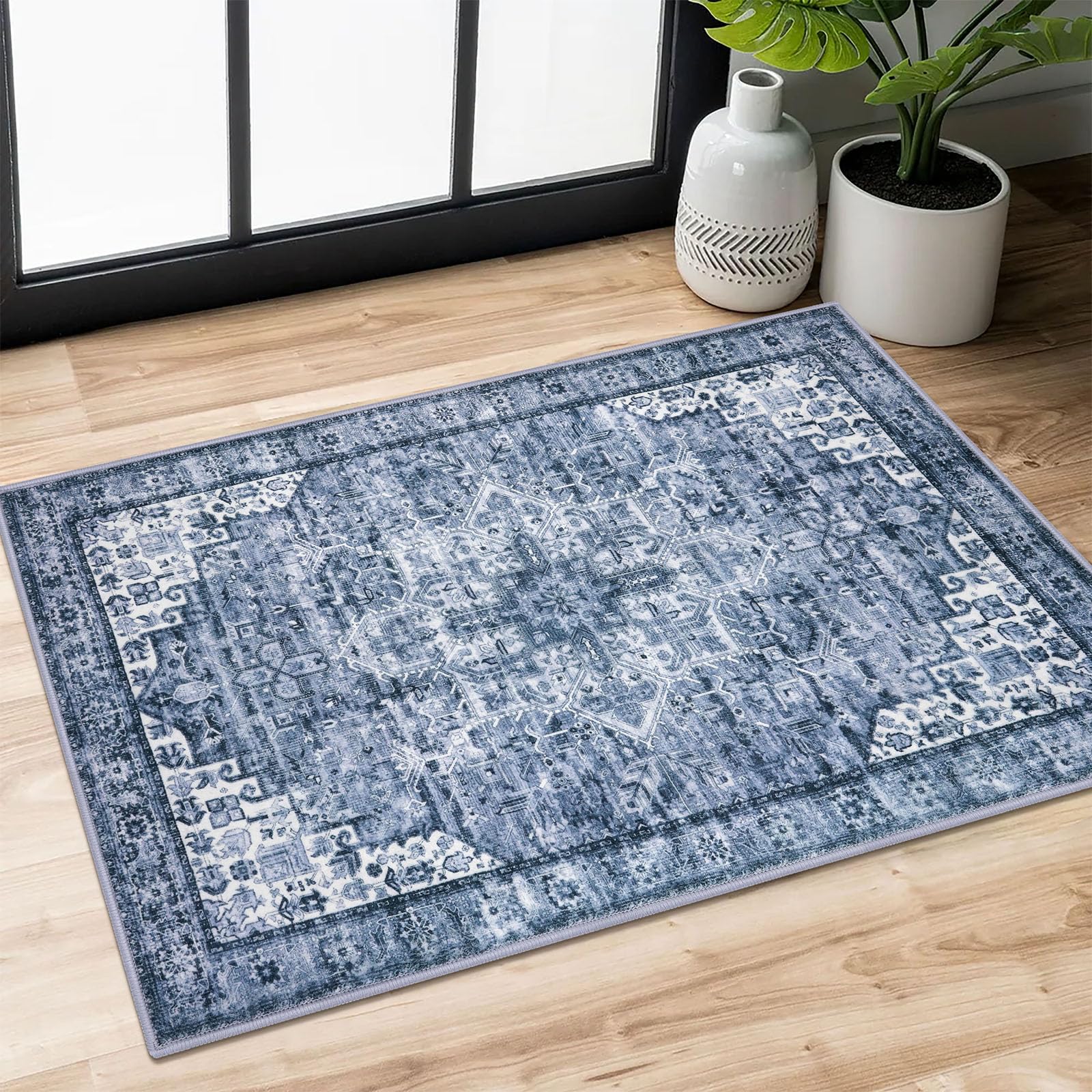SIILOOM 2x3 Washable Rug for Entrance, Blue Soft Traditional Area Rug, Non-Slip Printed Kitchen Rugs, Low-Pile Medallion Indoor Door Mat, Small