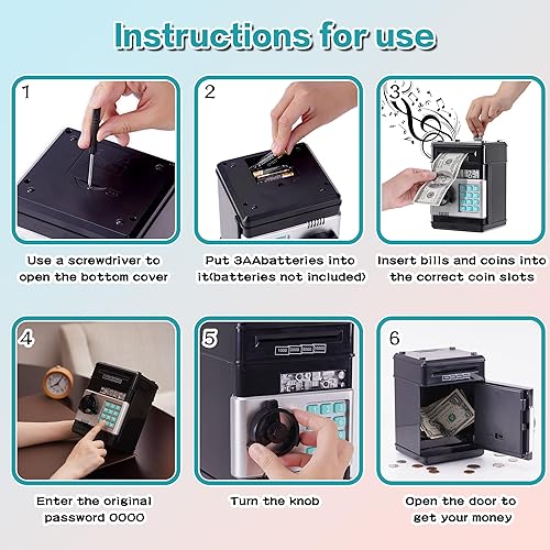 Miniatura 5 de Alcancía electrónica negra para cajeros automáticos para niños, caja de dinero real con bloqueo de código y contraseña, caja de dinero de regalo
