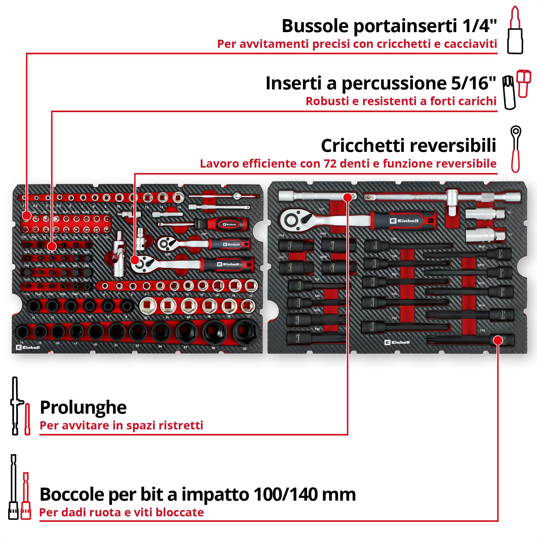 Original Einhell E-Case valigetta attrezzi 121 pezzi auto (professionale auto, set bussole, bussole porta inserti, inserti impact, bussole candele, cricchetti reversibili, valigetta sistema)