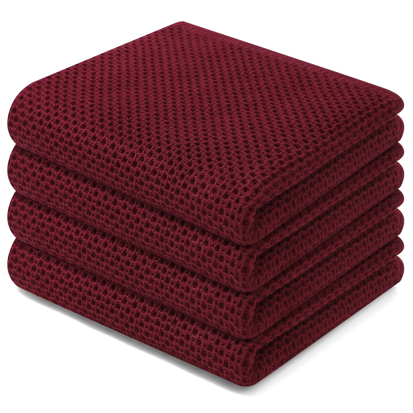 Homaxy 4-Pack Waffle Weave 100% Cotton Kitchen Dish Towels, Ultra Soft Absorbent Quick Drying Cleaning Towel, 13x28 Inches, Bordeaux