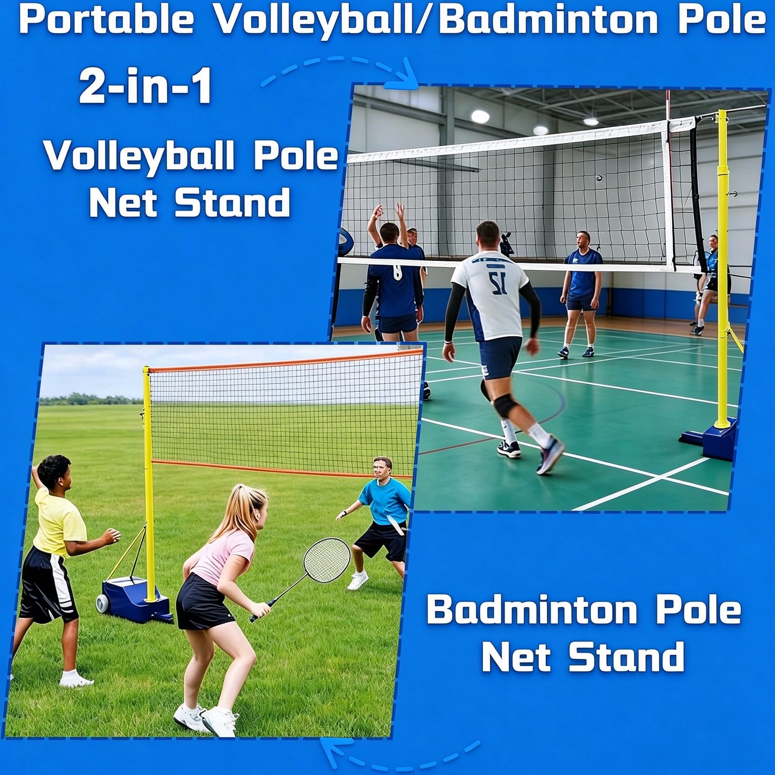 Pali da pallavolo/Badminton con Rete, Altezza Regolabile da 1,5 m a 2,07 m