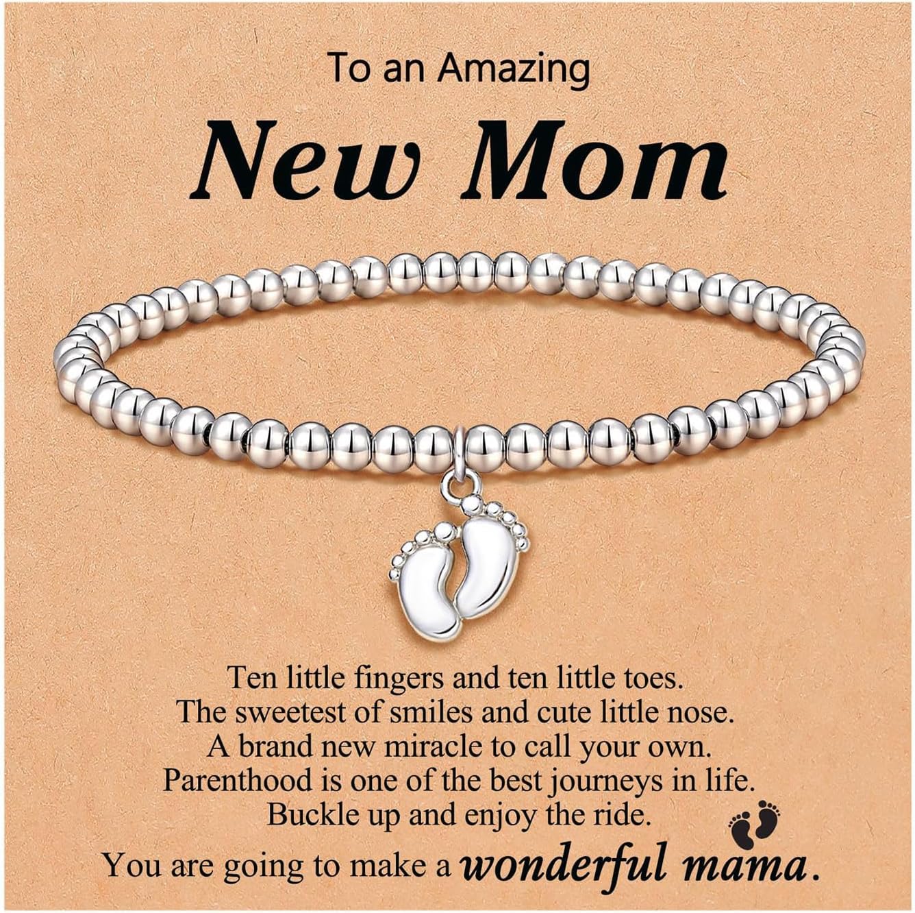 Angyape Mom to be Gift for Women, Cute Little Feet Pendant Charm Silver Bracelet Trendy Beaded Bracelet for New Mom Jewelry Gifts