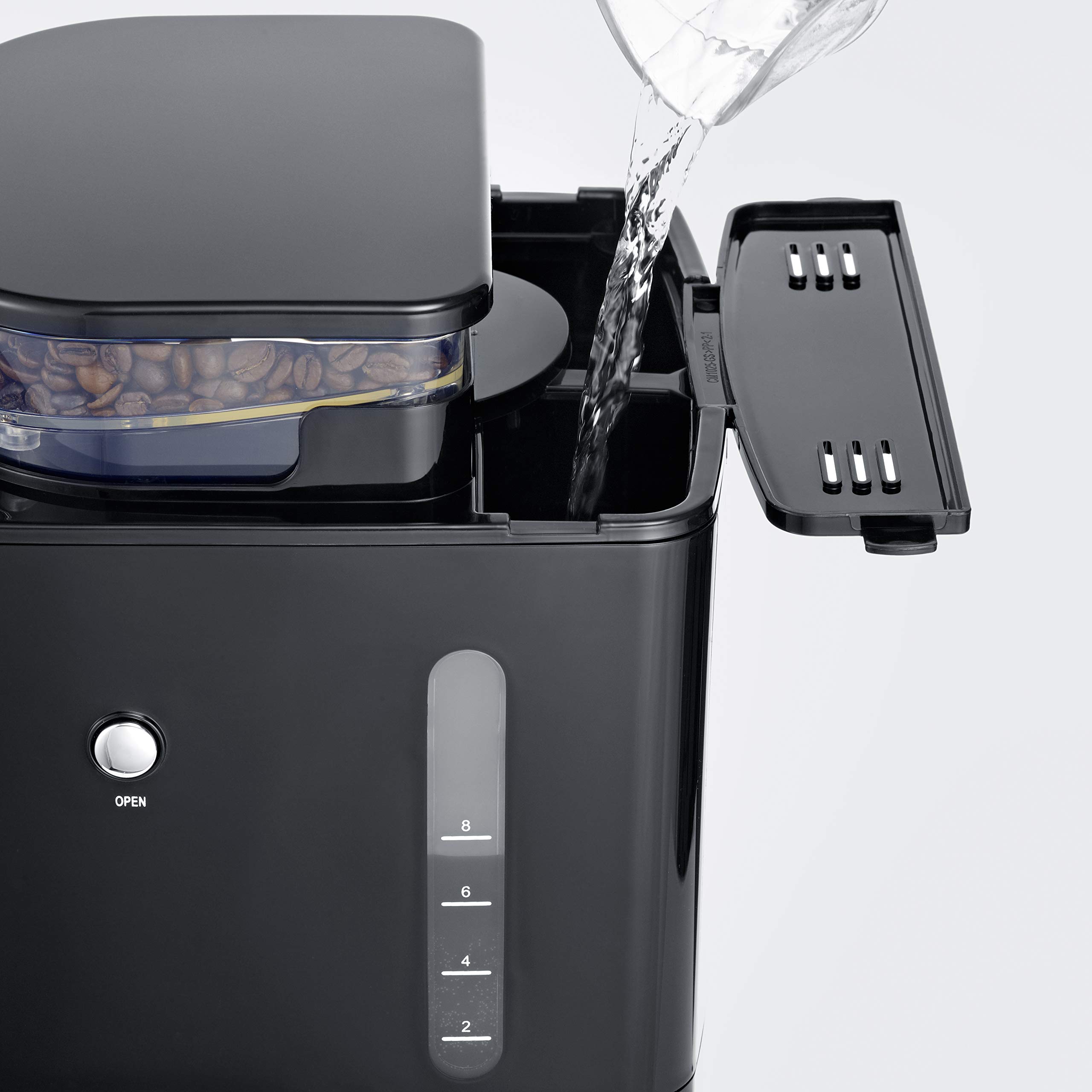 SEVERIN - Cafetera de goteo con molinillo hasta 10 tazas, Cafetera de filtro / Cafetera americana con jarra de cristal de 1l, con pantalla LED con temporizador, Acero inoxidable / Negro, KA 4814