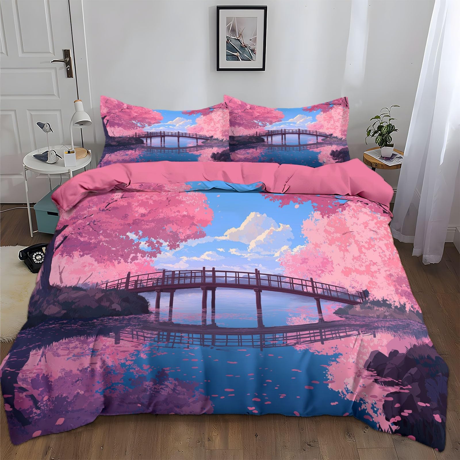 Housse de couette 200x200 rose anime avec lac et pont en bois pour lit 2 personnes