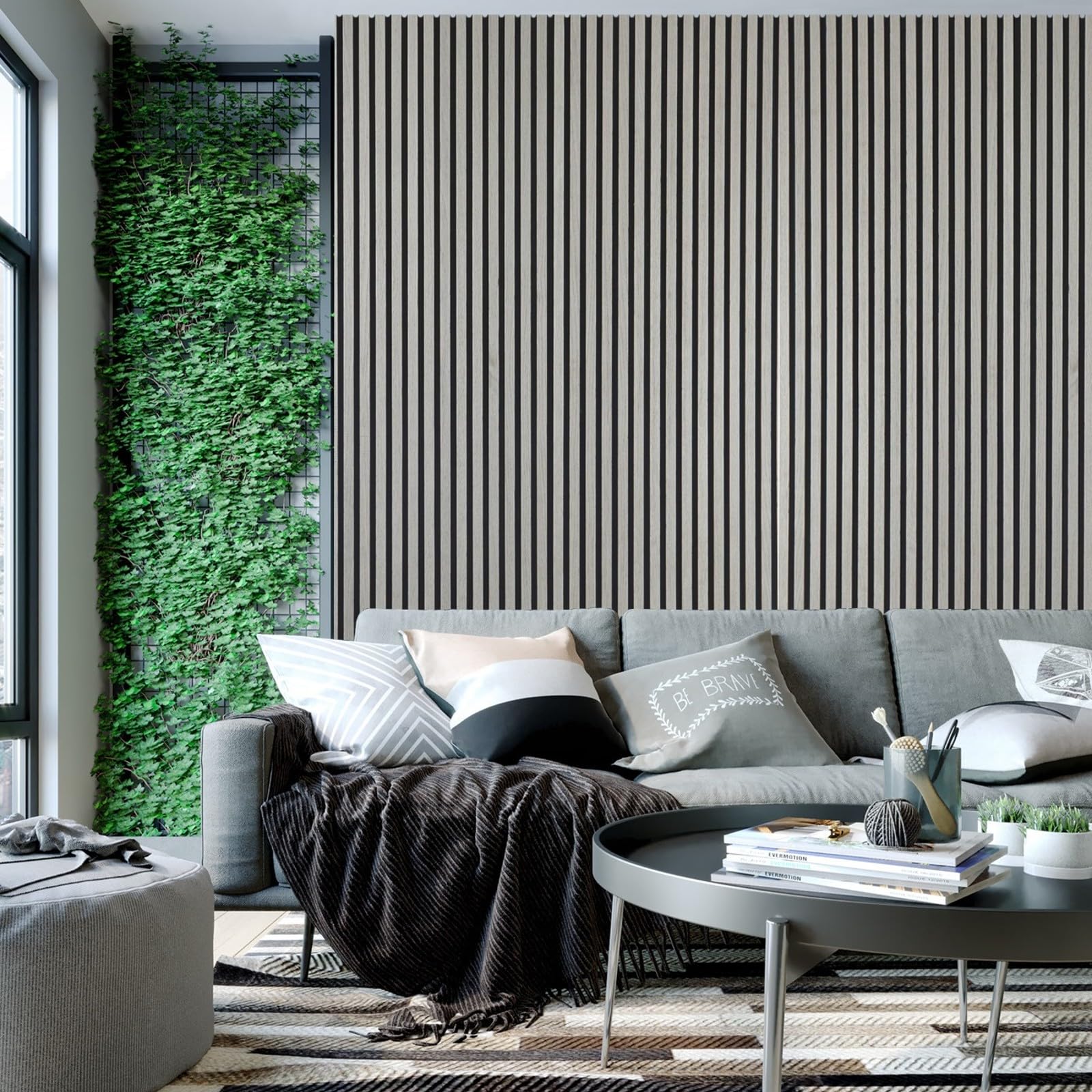 WondaWall Acoustic Slat Wall Panel Decorative Wood MDF Slatted 3D 2400mm x 600mm (Smoked Grey)