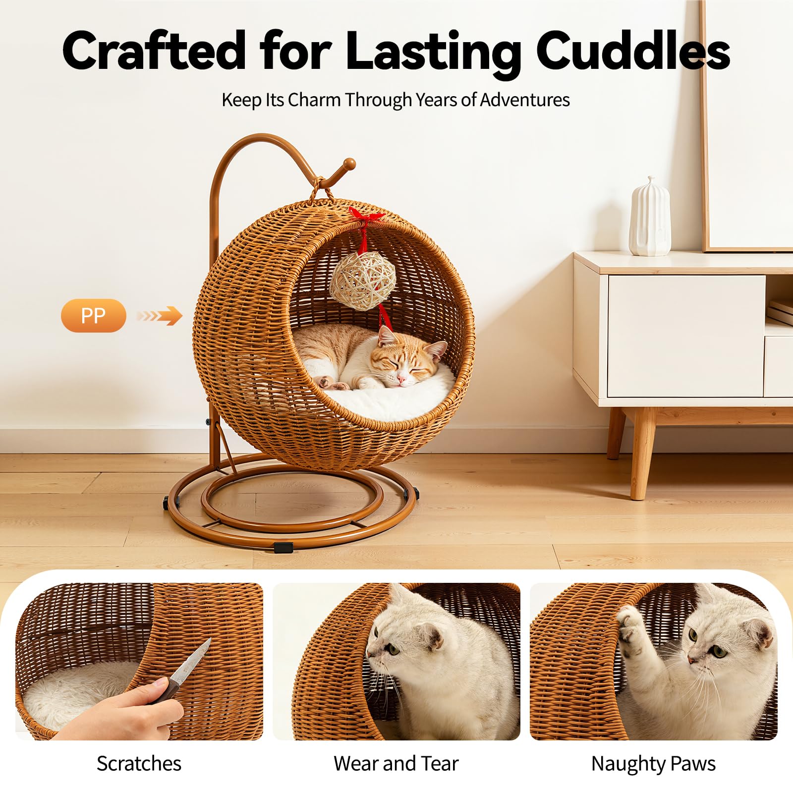Treeisland Katzenschaukel freistehend mit Kissen und Kratzbrett Gelbbraun | Katzenruheplatz, PP Imitation Rattan, 7,5 Kg Belastbarkeit, für entspannte Katzennickerchen