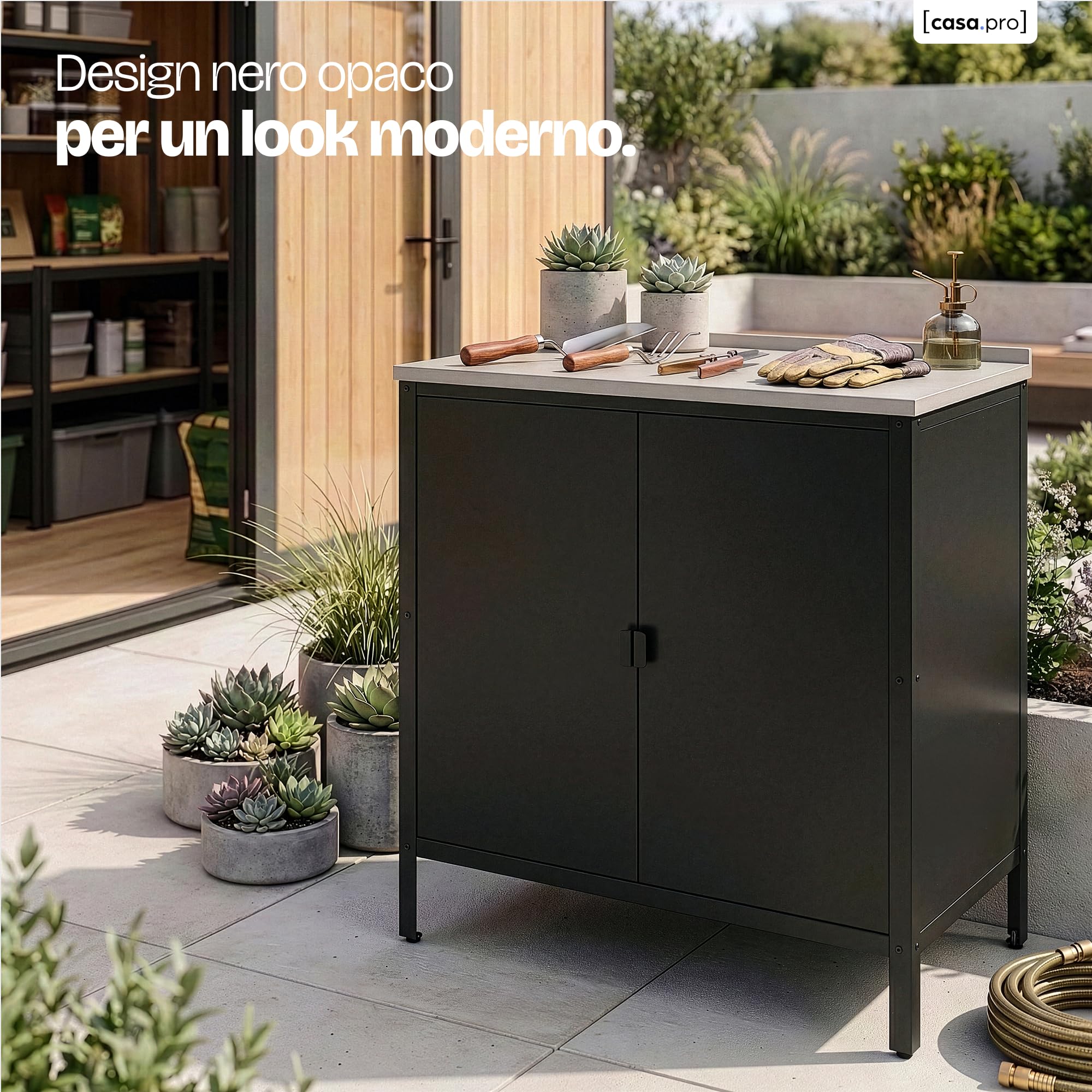 casa.pro Armadio da Giardino Mobile Organizzatore da Esterno 92 x 80 x 50 cm Armadietto in Acciaio con 2 Ante e Ripiano Piedini Regolabili per Livellare - Nero Opaco
