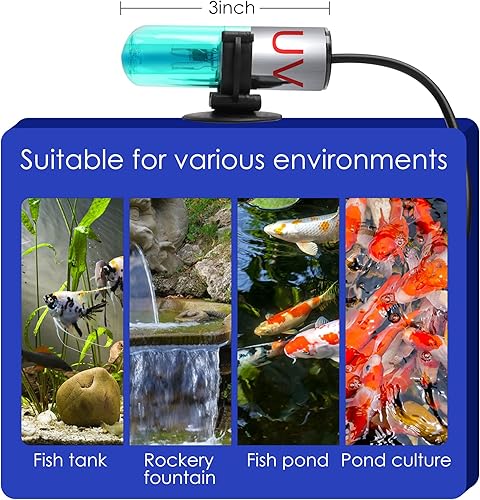 Miniatura 8 de TAISHAN Luz limpia para acuario, 13 W, 11 W, 9 W, 7 W, 5 W y 3 W, desinfectante UV, sumergible, luz sumergible, para acuario, verde, transparente,