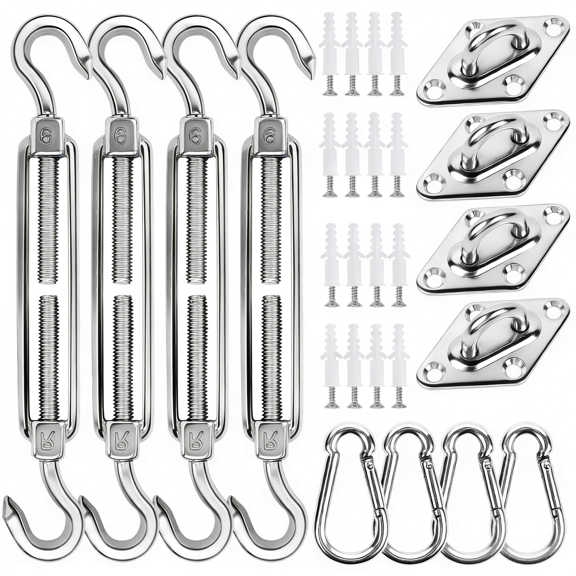 yofit 44 Pcs Shade Sail Hardware Kit, 6 Inch Outdoor Sun Sail Accessories, 304 Stainless Steel Turnbuckles & Brackets for Triangle/Rectangle Sails, Patio Canopy Installation Hardware Set Waterproof