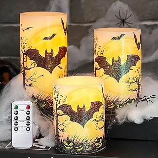 Halloween Flameless Candles,LED Flickering Battery Pillar Candles with 6Hr Timer,Moon & Bats Decal Candles for Halloween Party Decoration Set of 3(D:3"XH:4"/5"/6") (Moon & Bats)