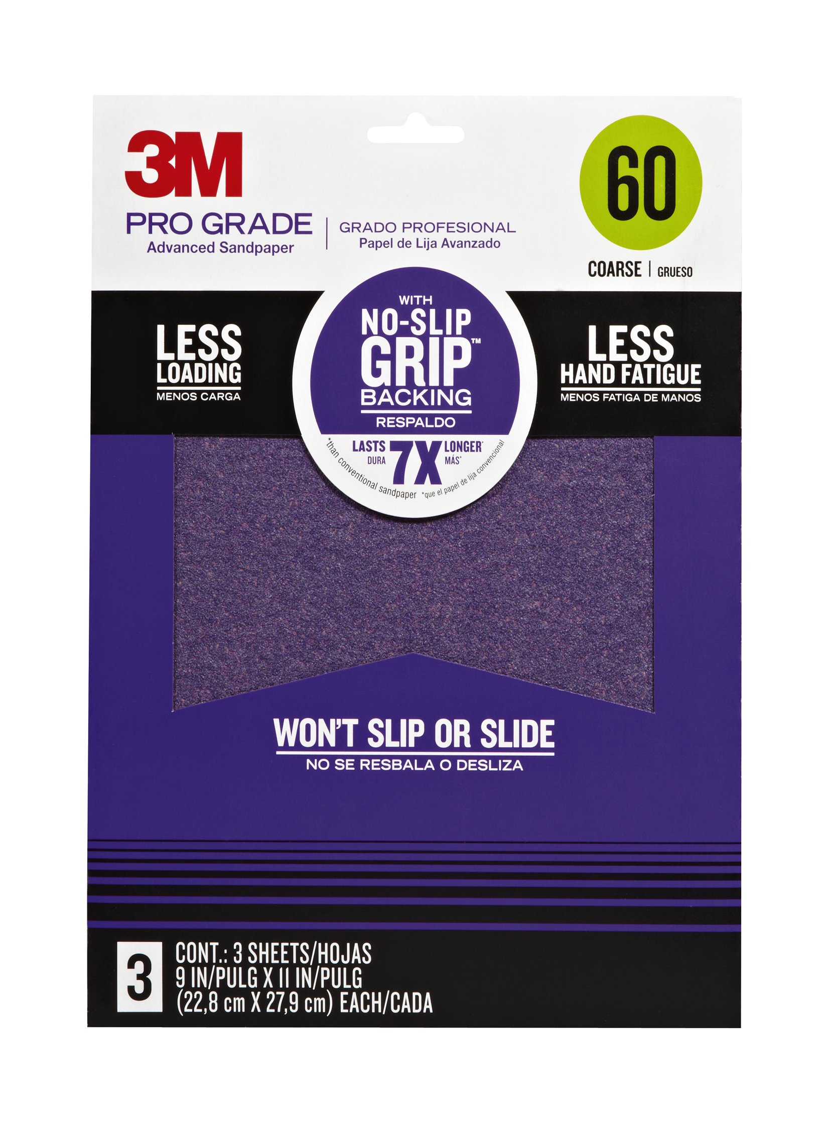 3M 25060P-G Pro Grade No-Slip Grip Advanced Sandpaper, 9-Inch x 11-Inch, 60 Grit, Pack of 3