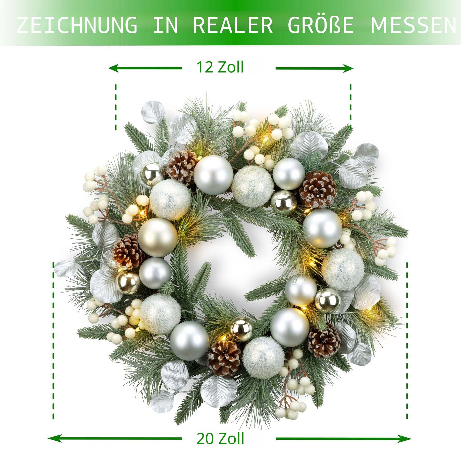 YULETIME Weihnachtskranz, 50,8 cm, Kugeln, Beeren, Tannenzapfen, Blätter, bereifte Fichtenzweige und Tannennadeln (Silber) | Silberfarbene Kugeln, weiße Beeren, Tannenzapfen, silberfarbene Blätter, gefrostete Fichtenzweige und Tannennadeln