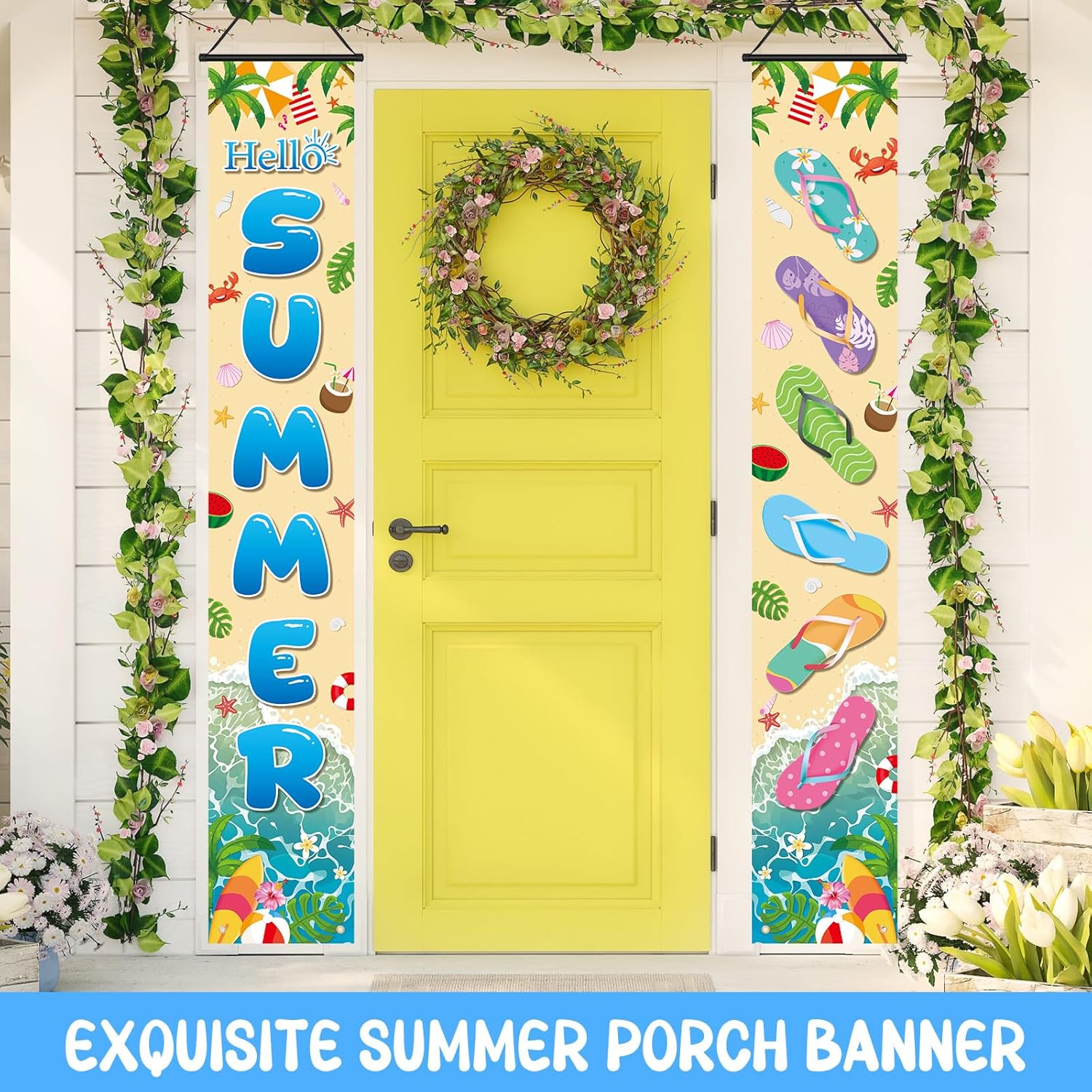 Preboun 12 Pairs Seasonal Door Banner Decorations Set Spring Summer Welcome Banners for Front Door Holiday Porch Banner 11.8 x 70.9 in for Yard Indoor Outdoor Party Decorations